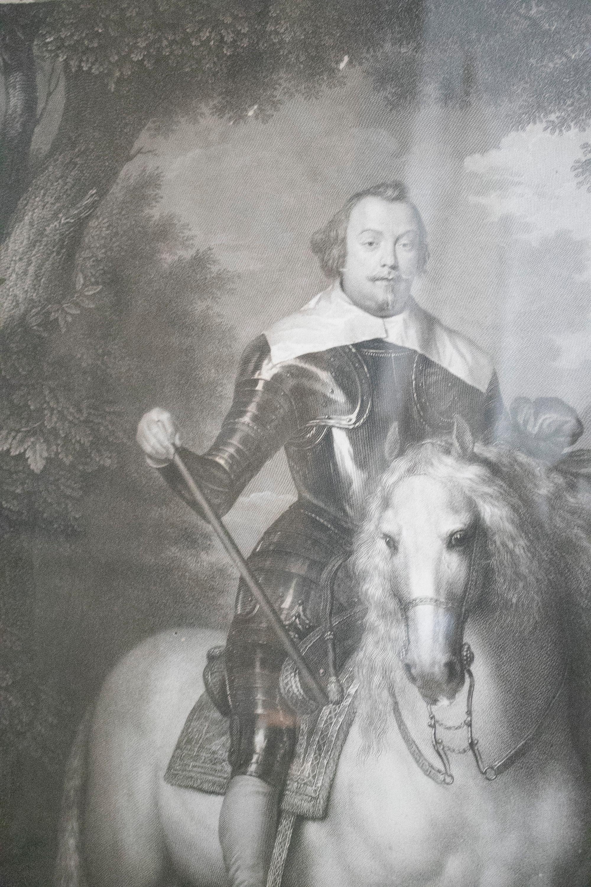 18th Century German Francisco de Moncada Engraved Portrait w/ Full Armor & Horse In Good Condition For Sale In Marbella, ES