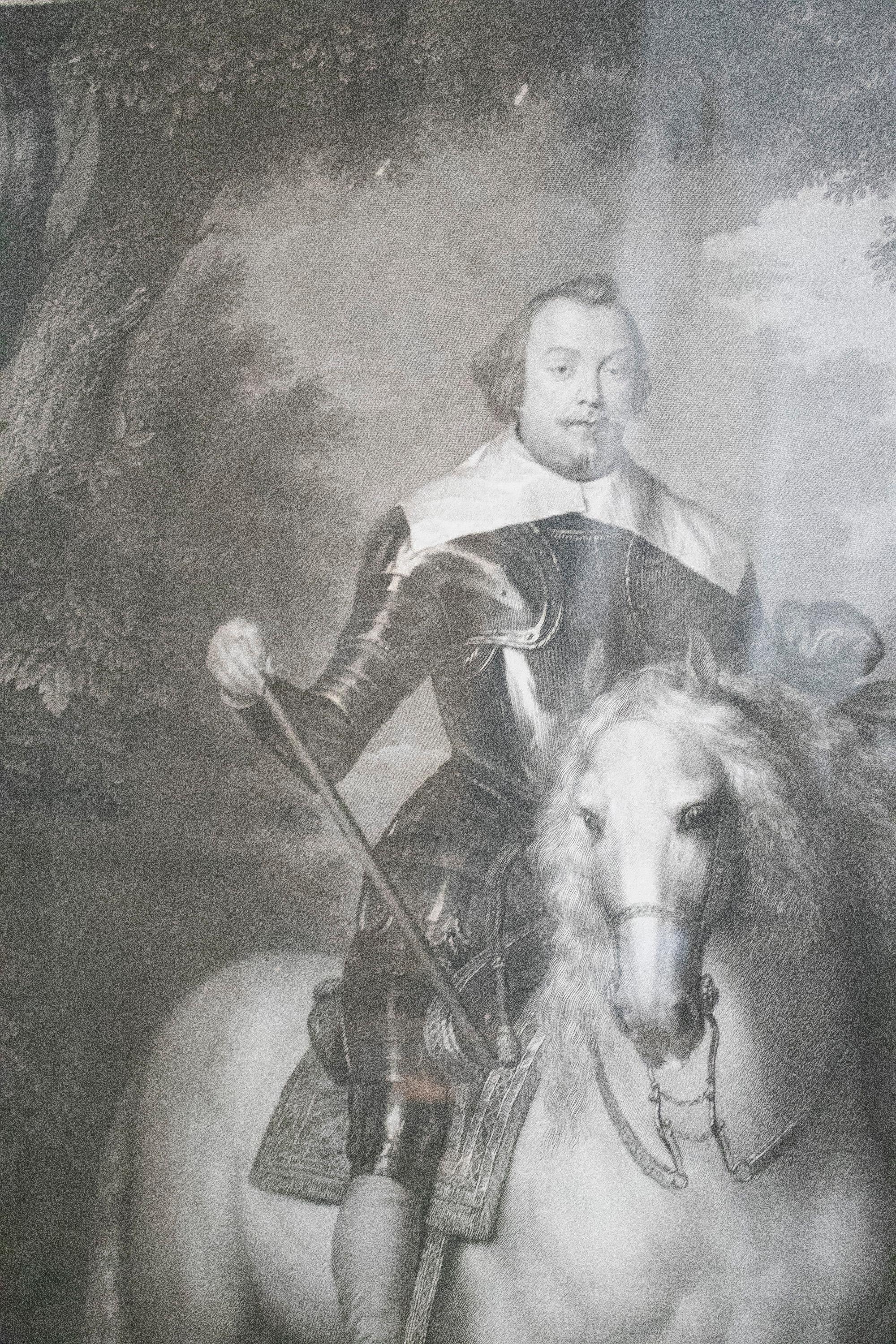 18. Jahrhundert Deutsches Francisco de Moncada-Porträt mit graviertem Porträt, voll Rüstungen und Pferd im Zustand „Gut“ im Angebot in Marbella, ES