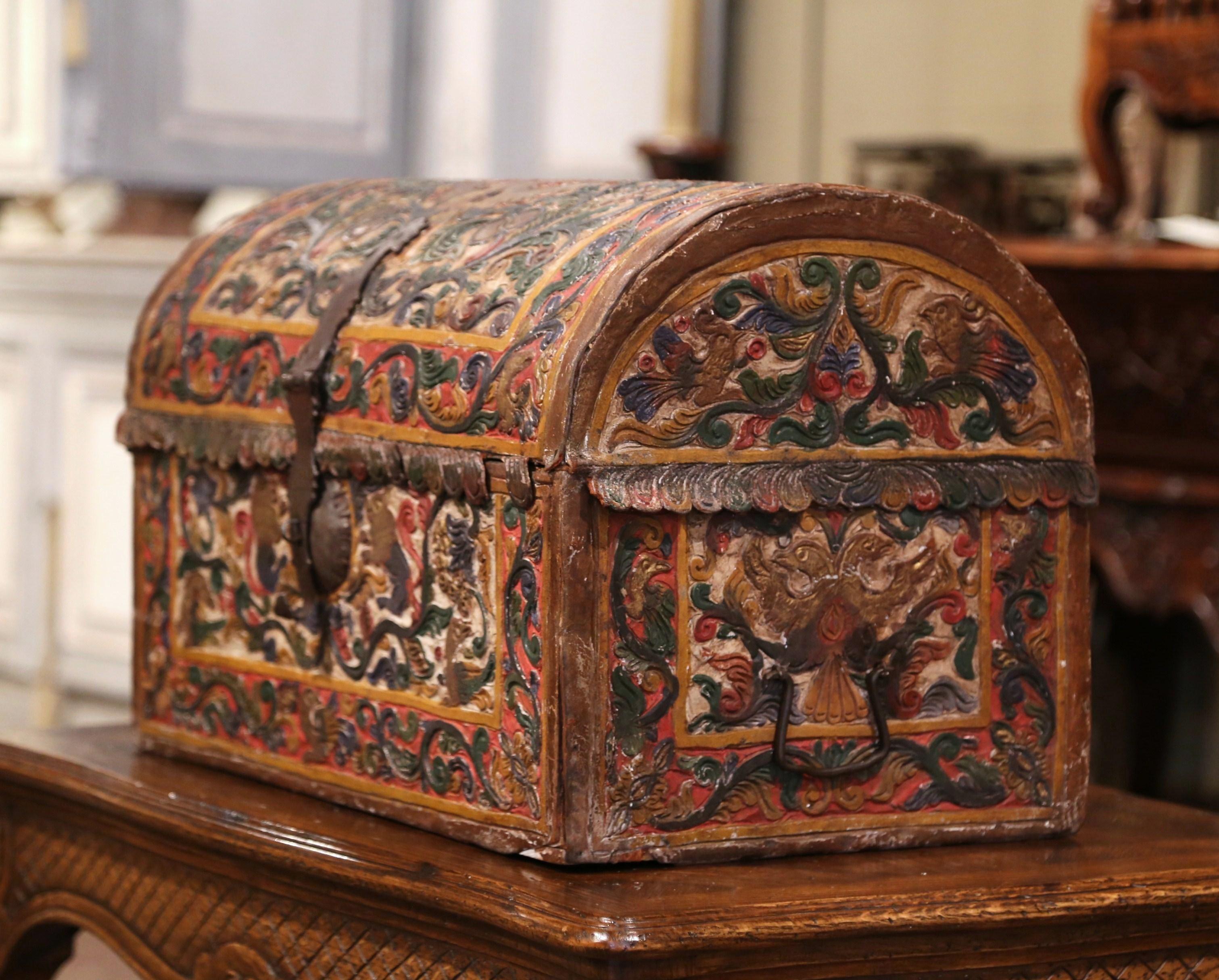 Hand-Crafted 18th Century German Gothic Painted Decorative Bombe Box Wedding Trunk