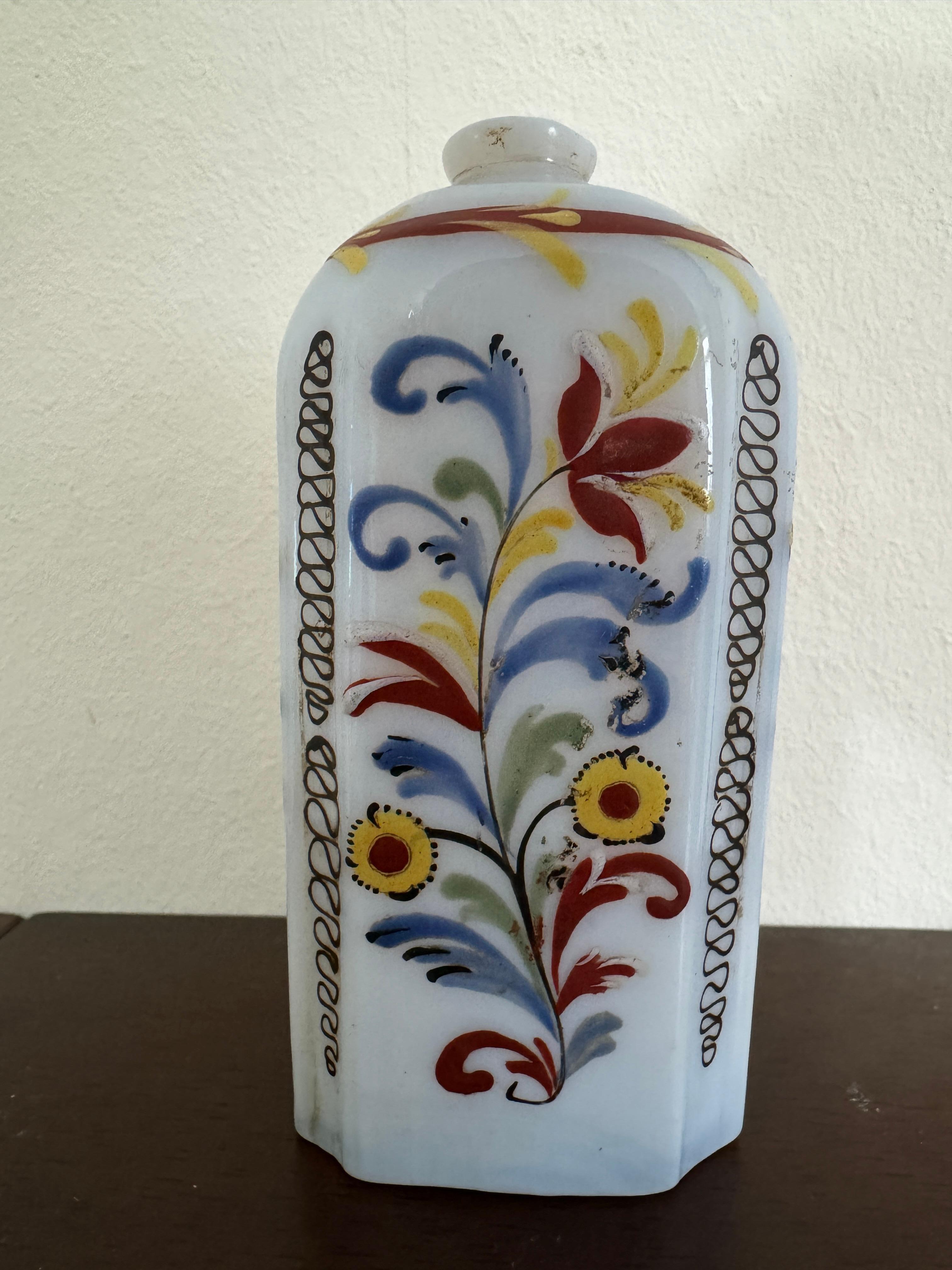 18th Century and Earlier 18th Century German Milk Glass Decorated Bottle