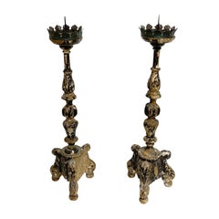 18th Century German Pair of Baroque Altar Candlesticks, Wood Candle Holders