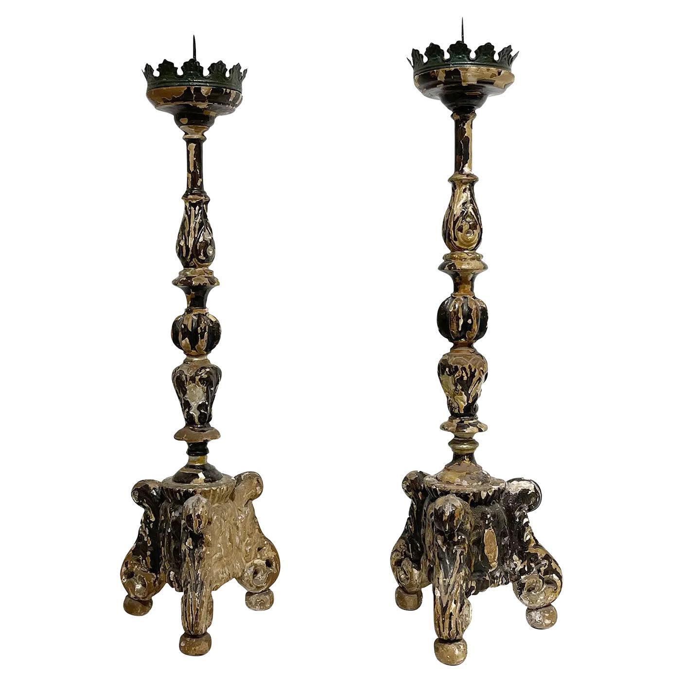 18th Century German Pair of Baroque Altar Candlesticks, Wood Candle Holders