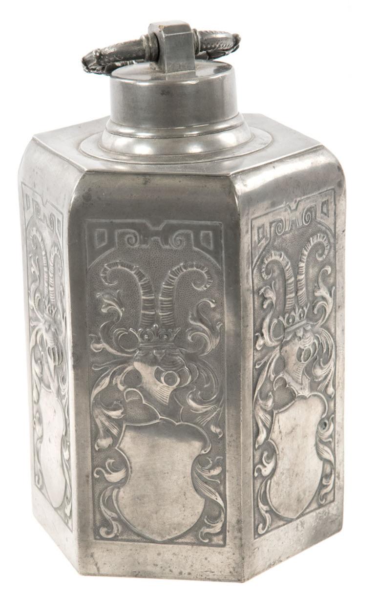Renaissance 18th Century German Pewter Canister with Armorial Engravings For Sale