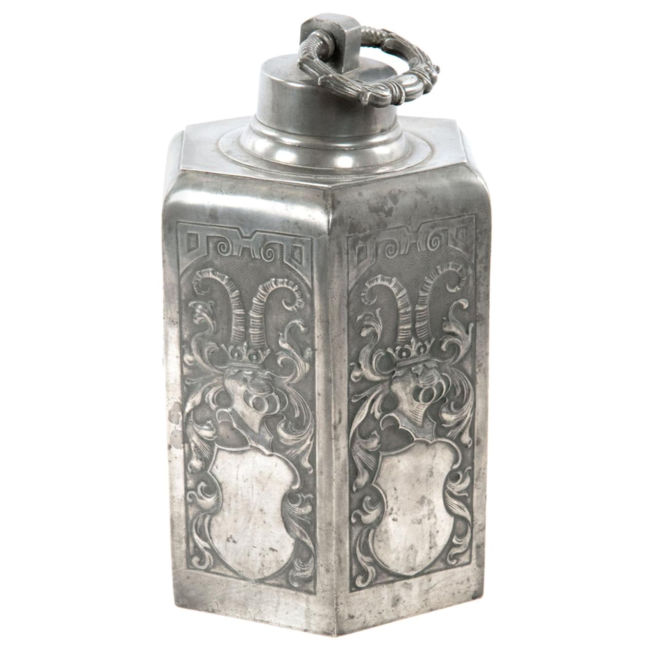 18th Century German Pewter Canister with Armorial Engravings For Sale