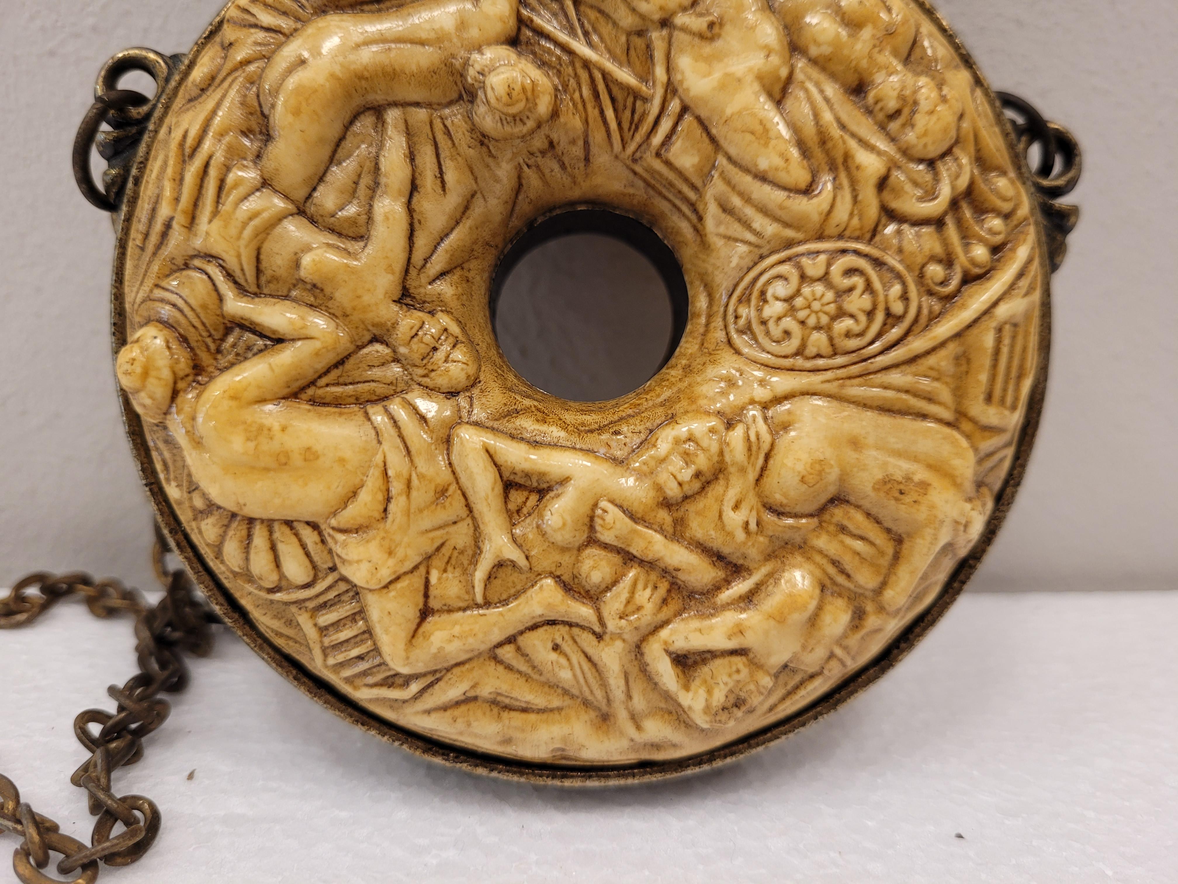 18th century GERMAN POWDER CONTAINER IN BONE , CIRCULAR  CARVINGS OF BAKANAKES 4
