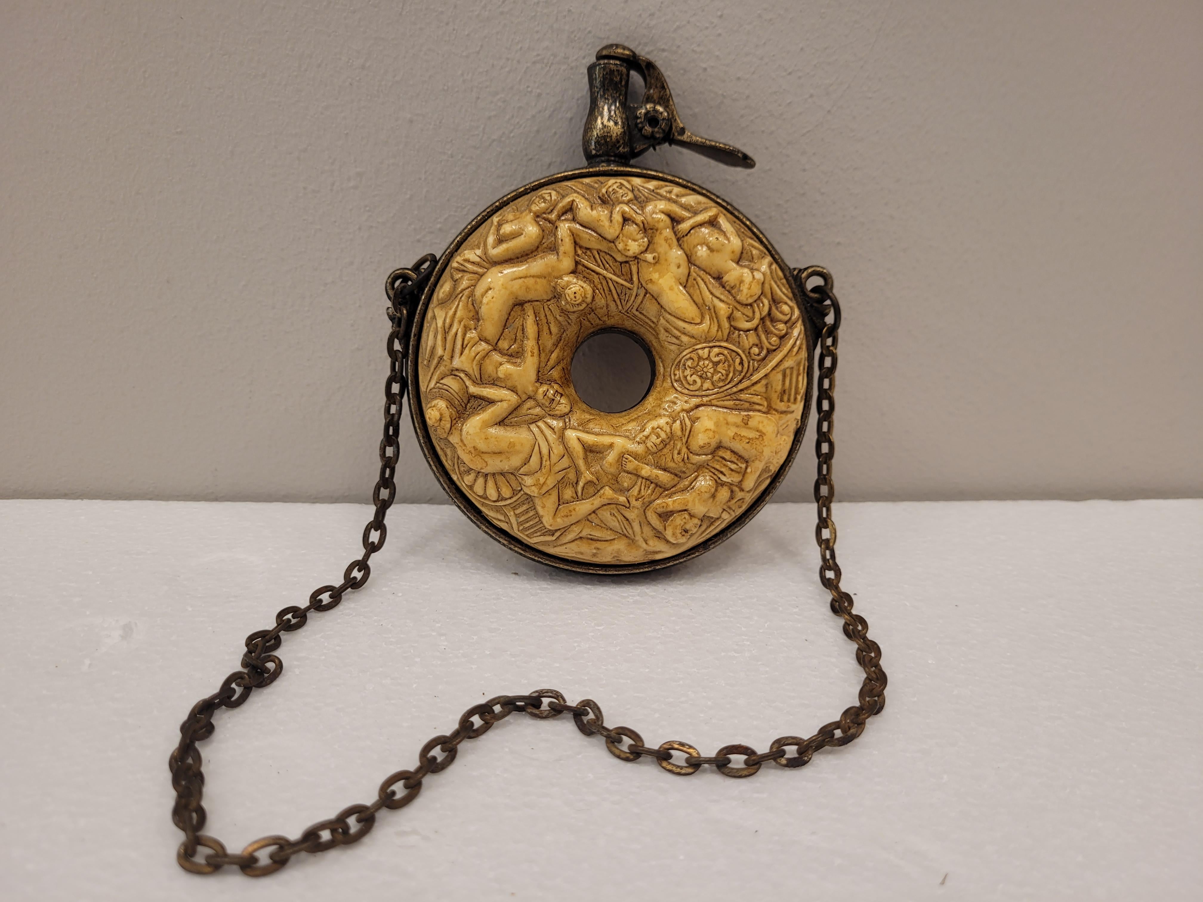 Hand-Crafted 18th century GERMAN POWDER CONTAINER IN BONE , CIRCULAR  CARVINGS OF BAKANAKES