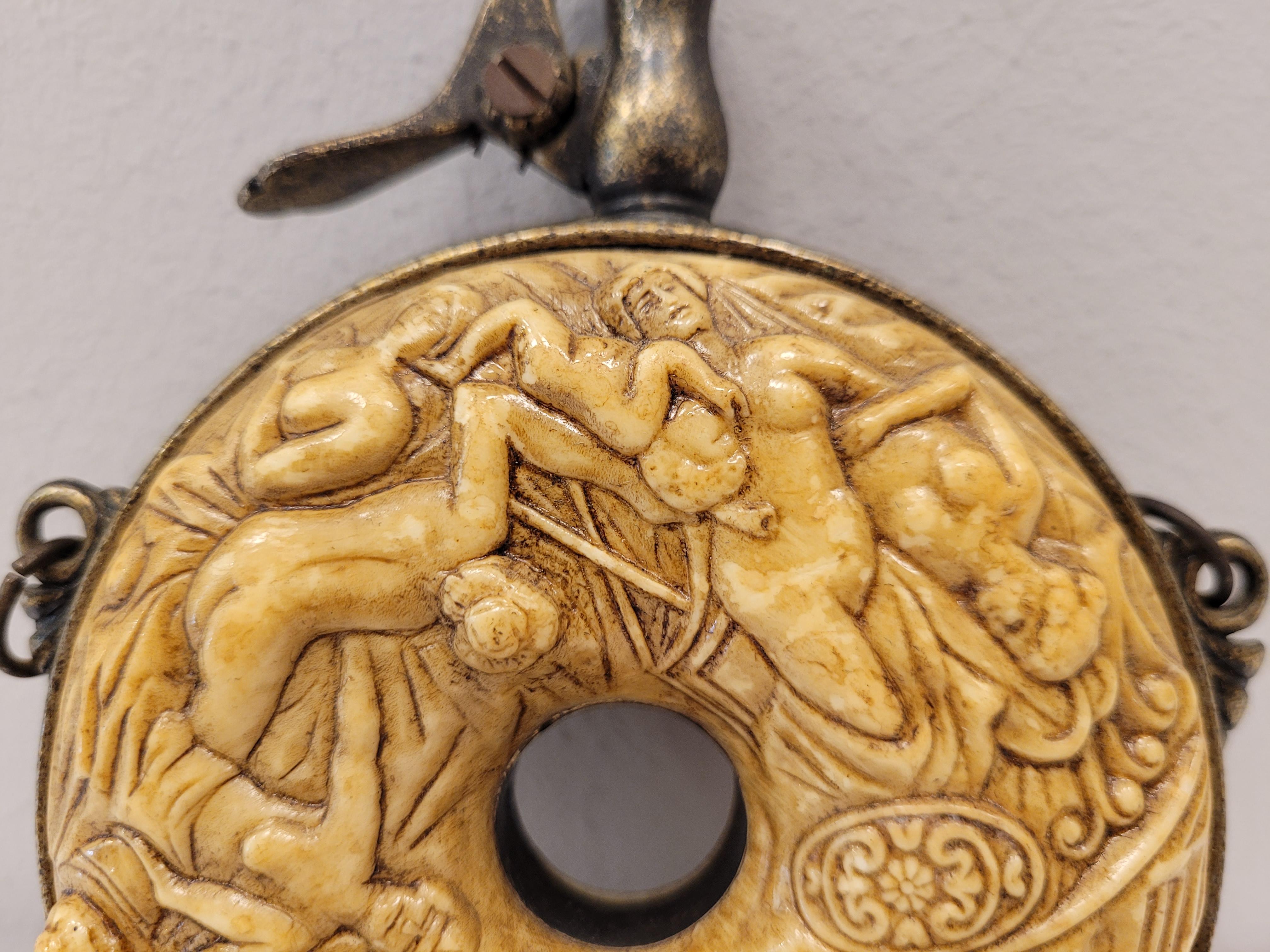 18th century GERMAN POWDER CONTAINER IN BONE , CIRCULAR  CARVINGS OF BAKANAKES 2