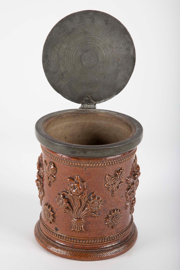 18th Century German Salt Glaze Tobacco Jar with Pewter Mounts For Sale