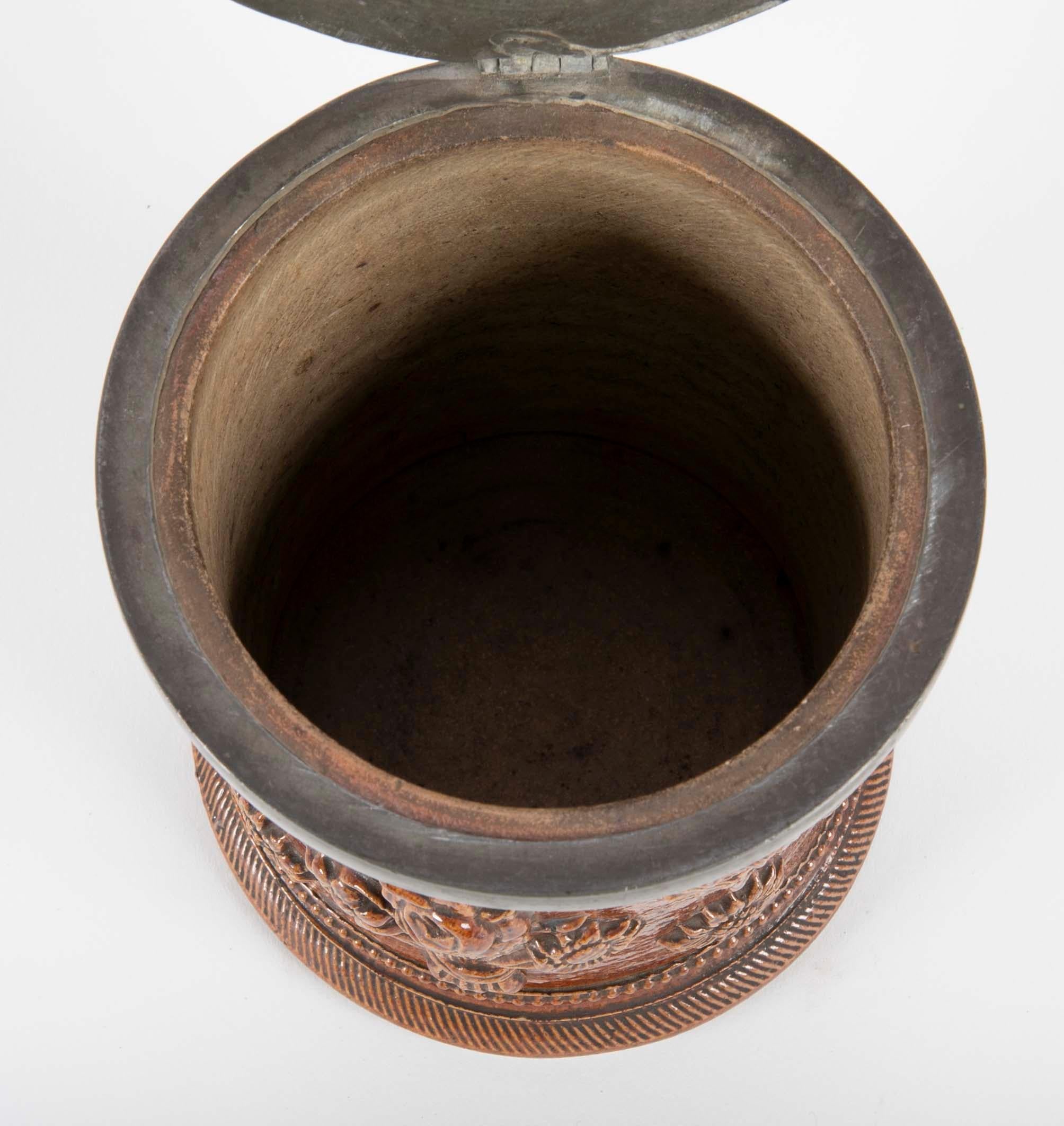 Glazed 18th Century German Salt Glaze Tobacco Jar with Pewter Mounts For Sale