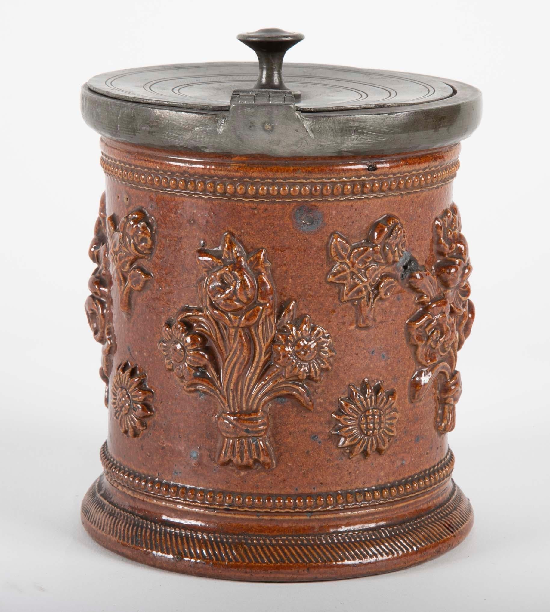 Stoneware 18th Century German Salt Glaze Tobacco Jar with Pewter Mounts For Sale