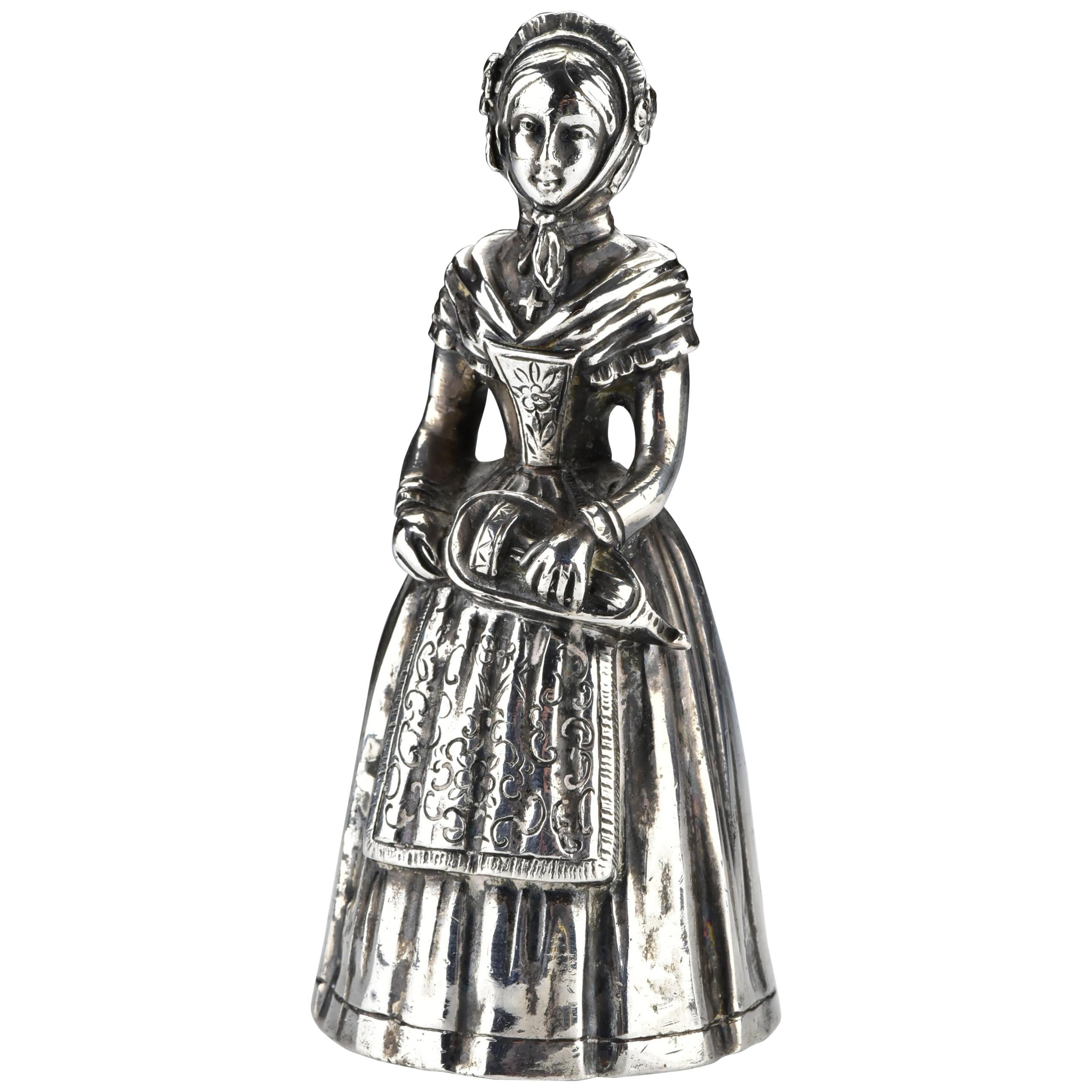 18th Century German Silver Figural Woman Dinner Bell with Kassel City Mark