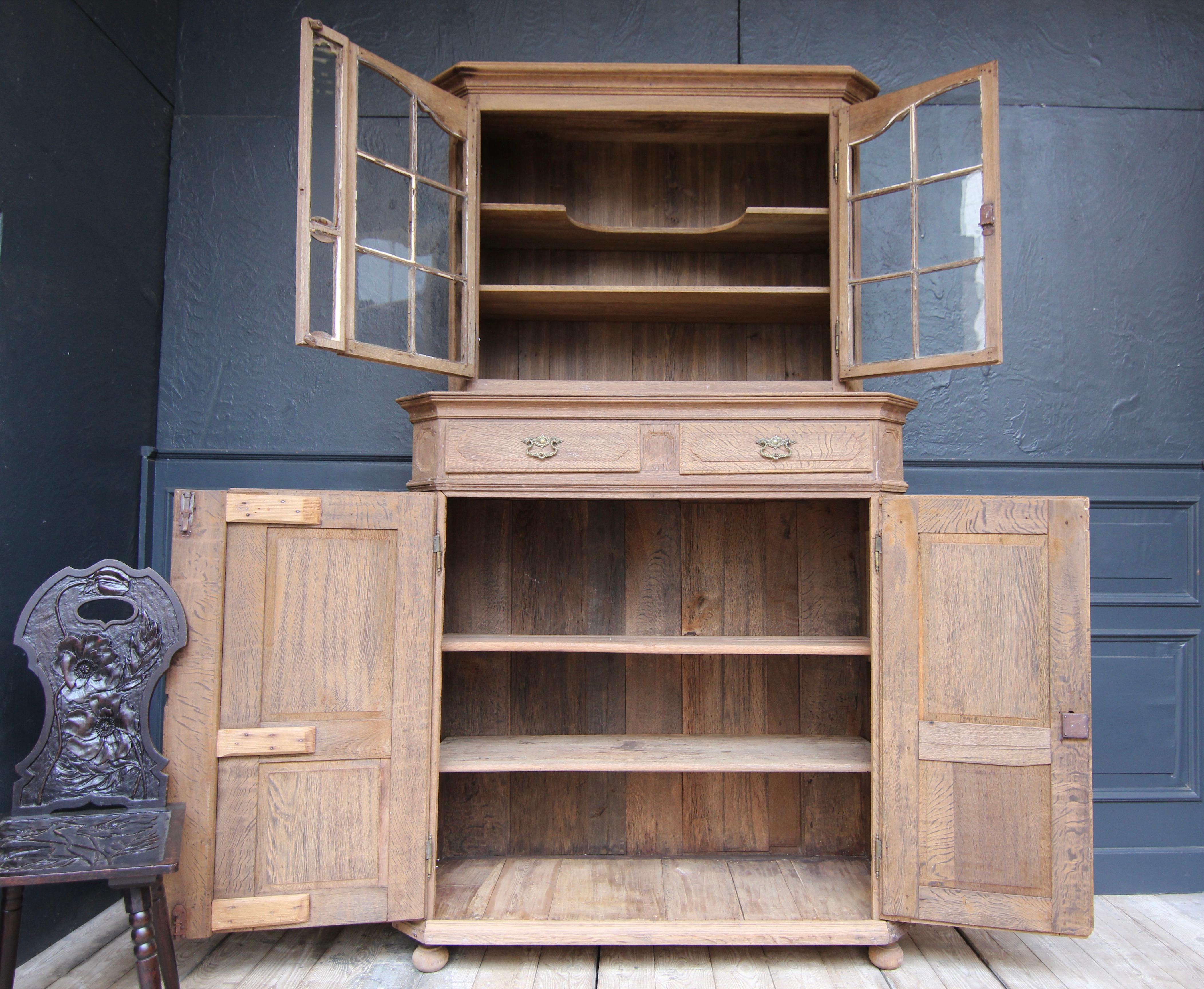 Glass 18th Century German Stripped Oak Baroque Display Cabinet For Sale
