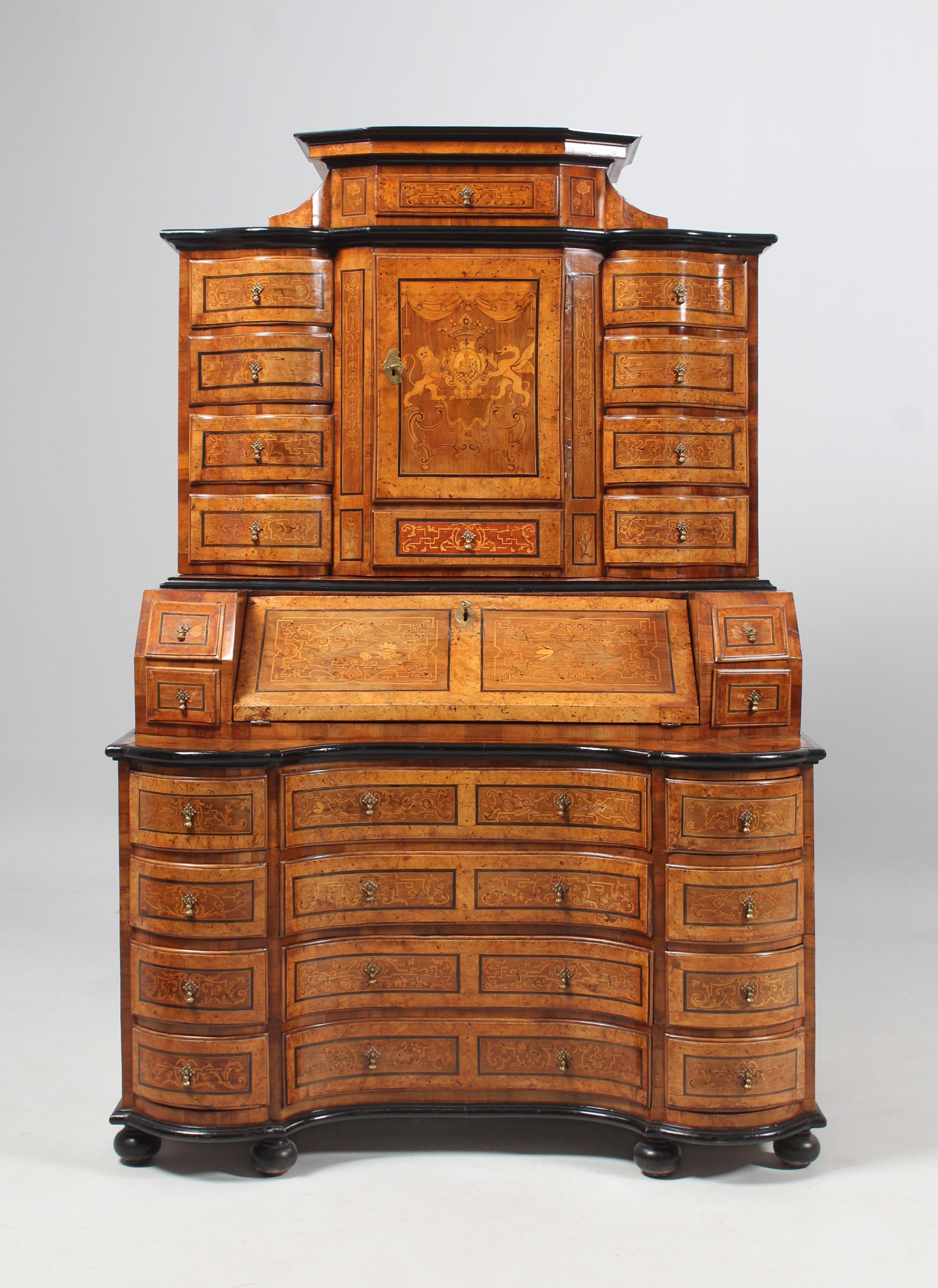 Baroque tabernacle secretary with rich marquetry
Palatinate / Trier
Walnut, birch burl a.o.
Baroque around 1735

Dimensions: H x W x D: 190 x 126 x 79 cm

Description:
Very rare and in best quality manufactured writing cabinet, so called