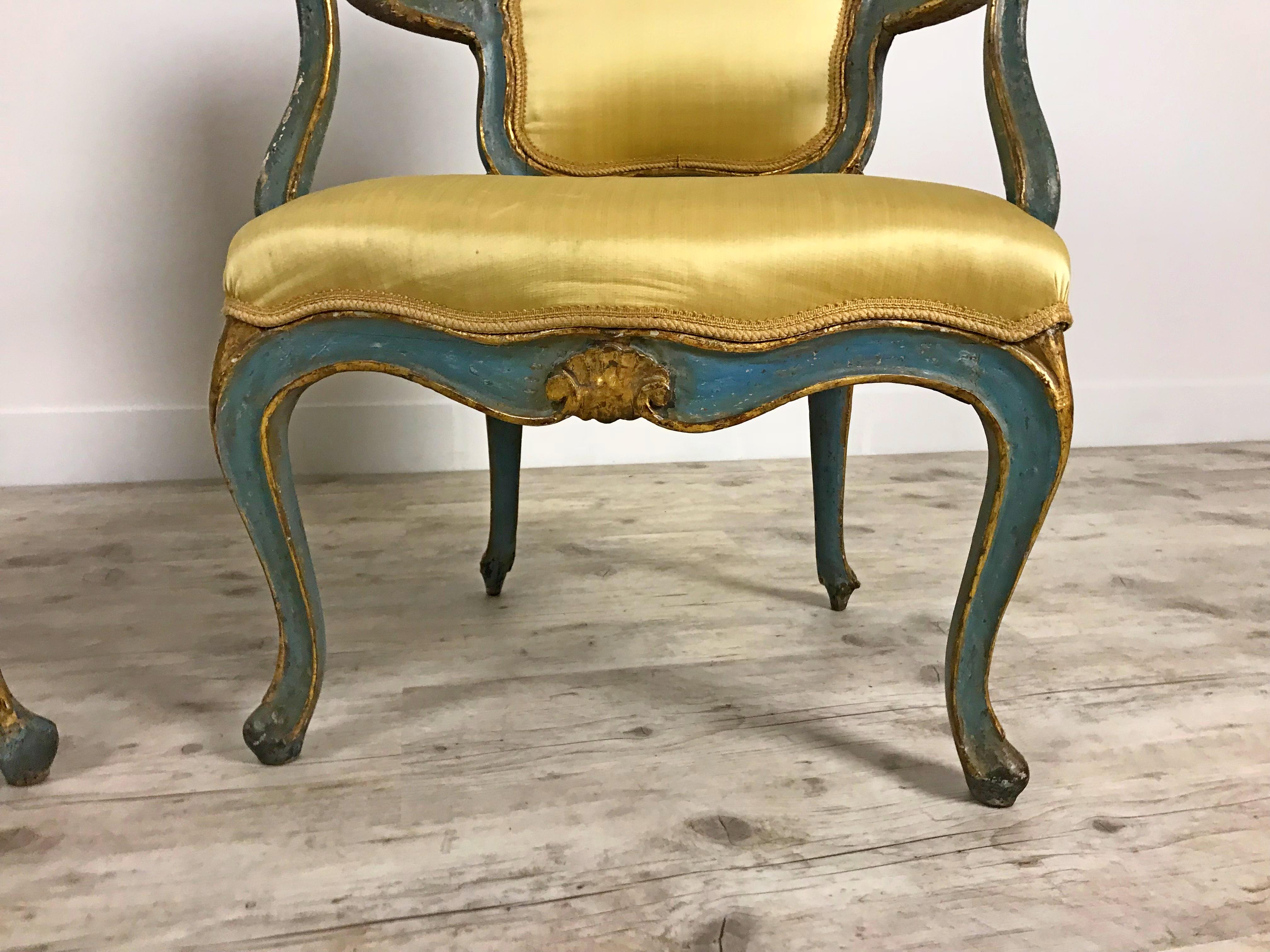 Italian 18th Century Gilded and Lacquered Venetian Louis XV Period Pair of Armchairs