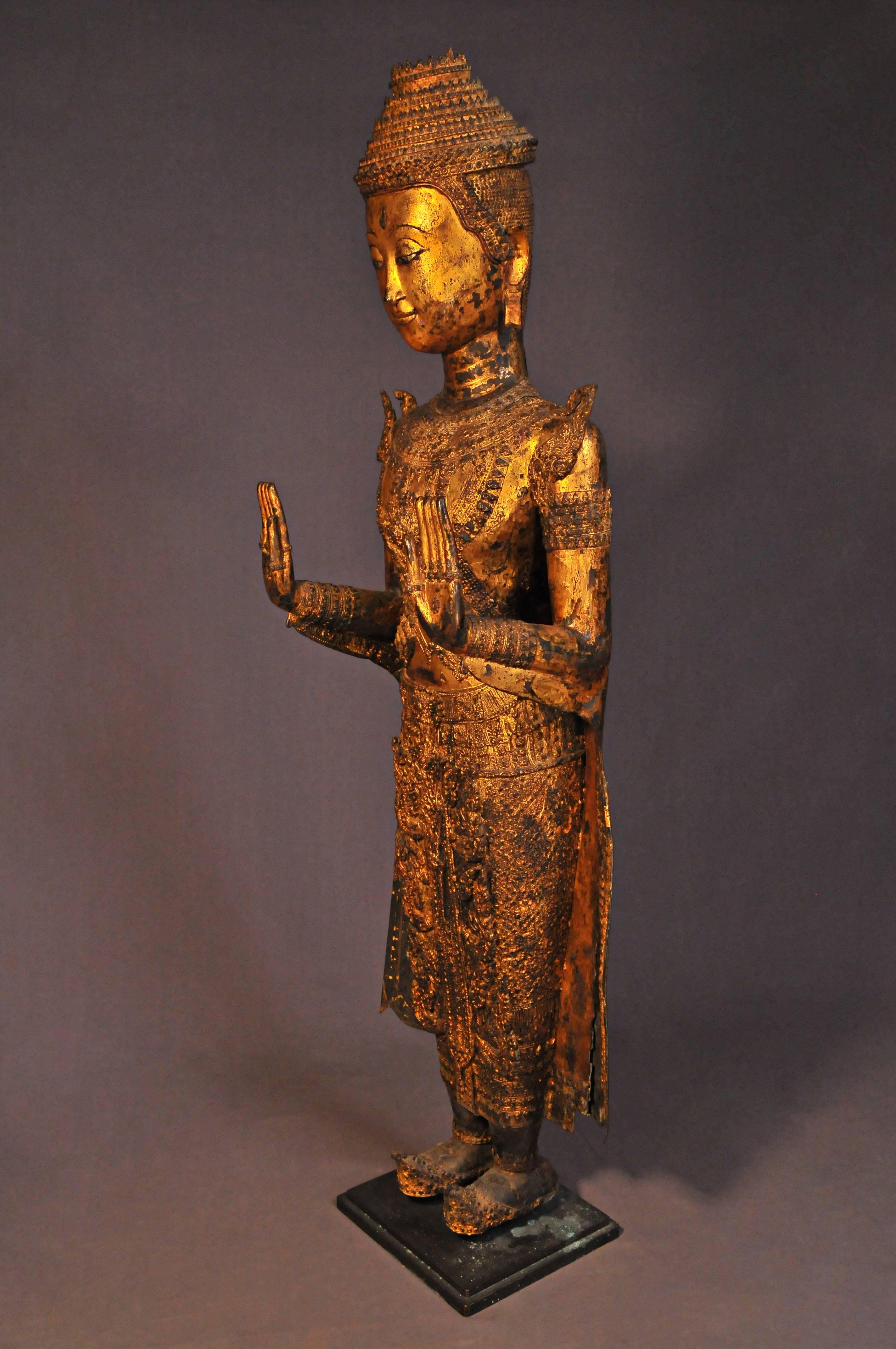 Other 18th Century, Gilded Bronze, Crowned Buddha in Abhaya Mudra, Art of Thailand For Sale