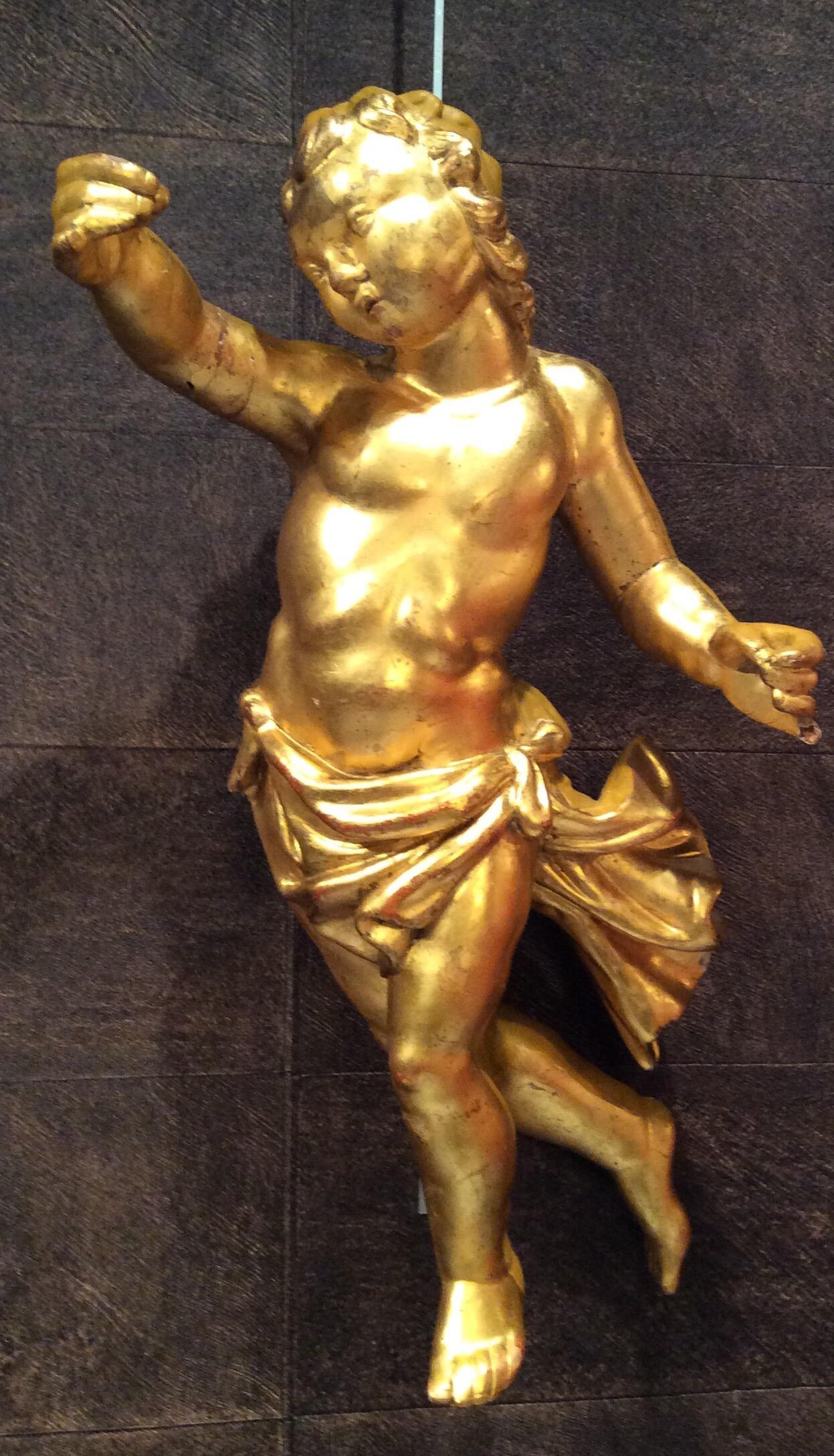 18th Century Gilded Hand Carved Wood Italian Pair of Putti, 1780 In Fair Condition In Roma, IT