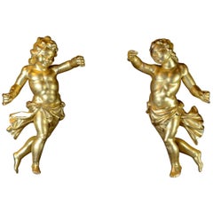 18th Century Gilded Hand Carved Wood Italian Pair of Putti, 1780