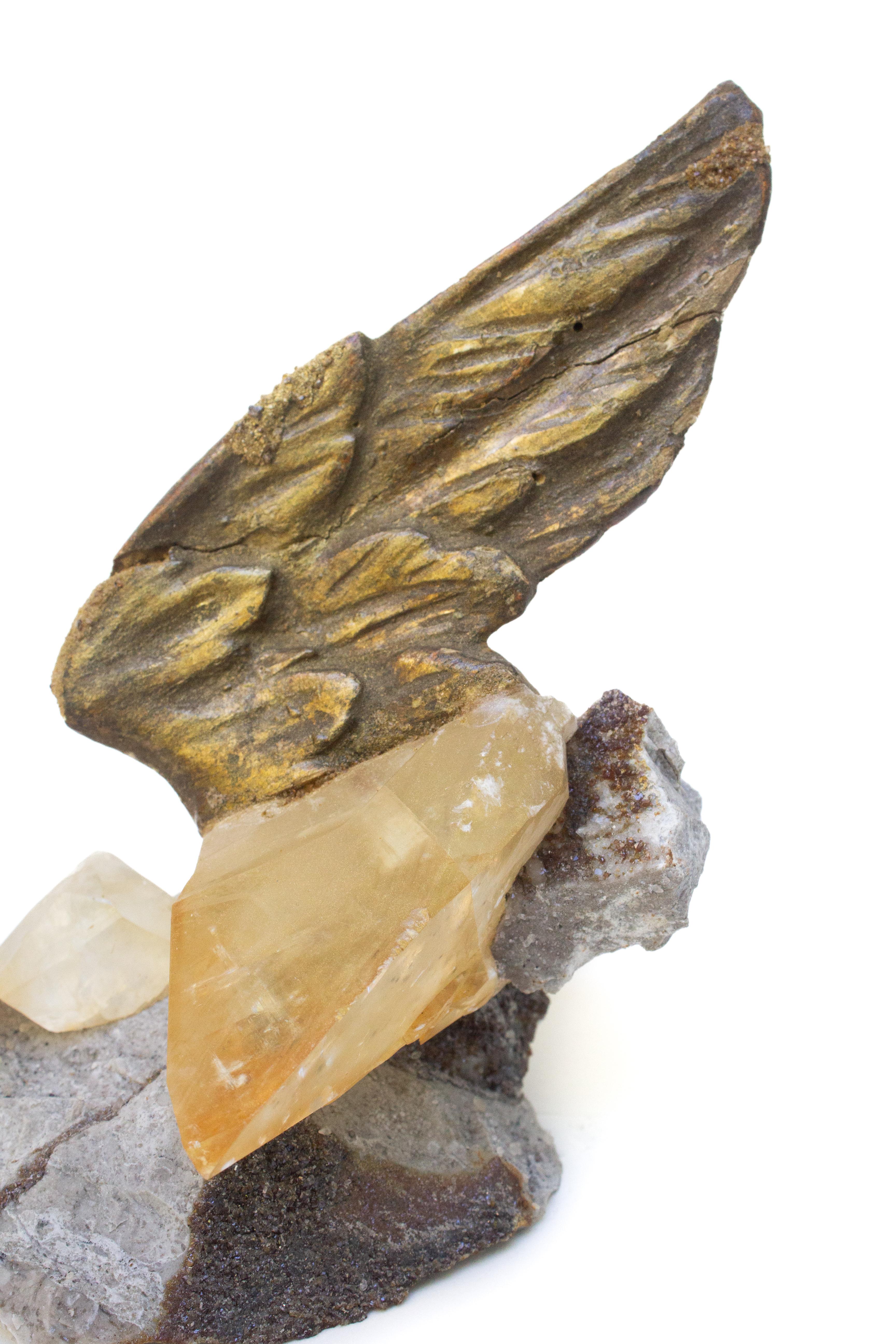 Hand-Carved 18th Century Gilded Italian Angel Wing on Calcite Crystal in Sphalerite