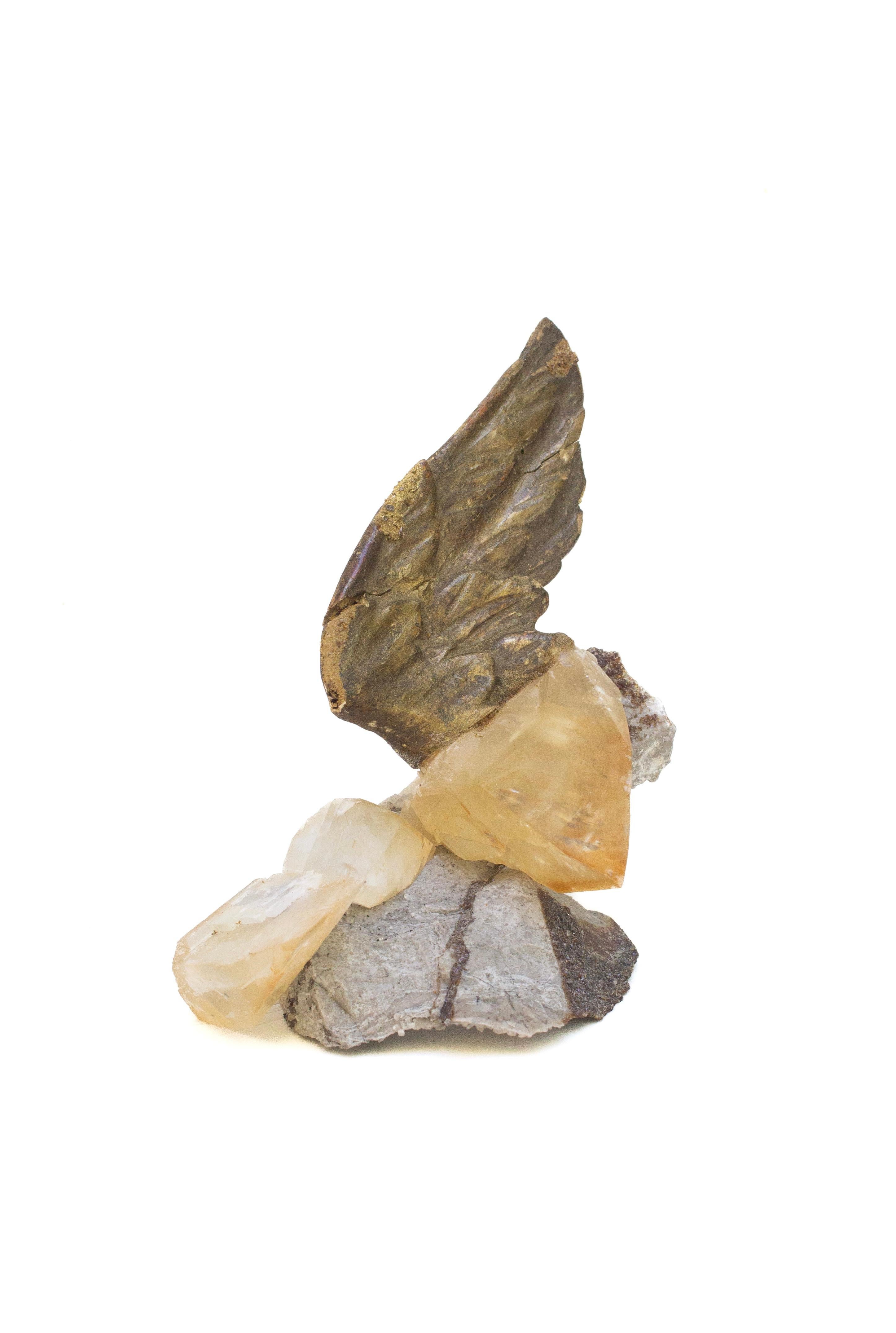 18th Century Gilded Italian Angel Wing on Calcite Crystal in Sphalerite In Good Condition In Dublin, Dalkey