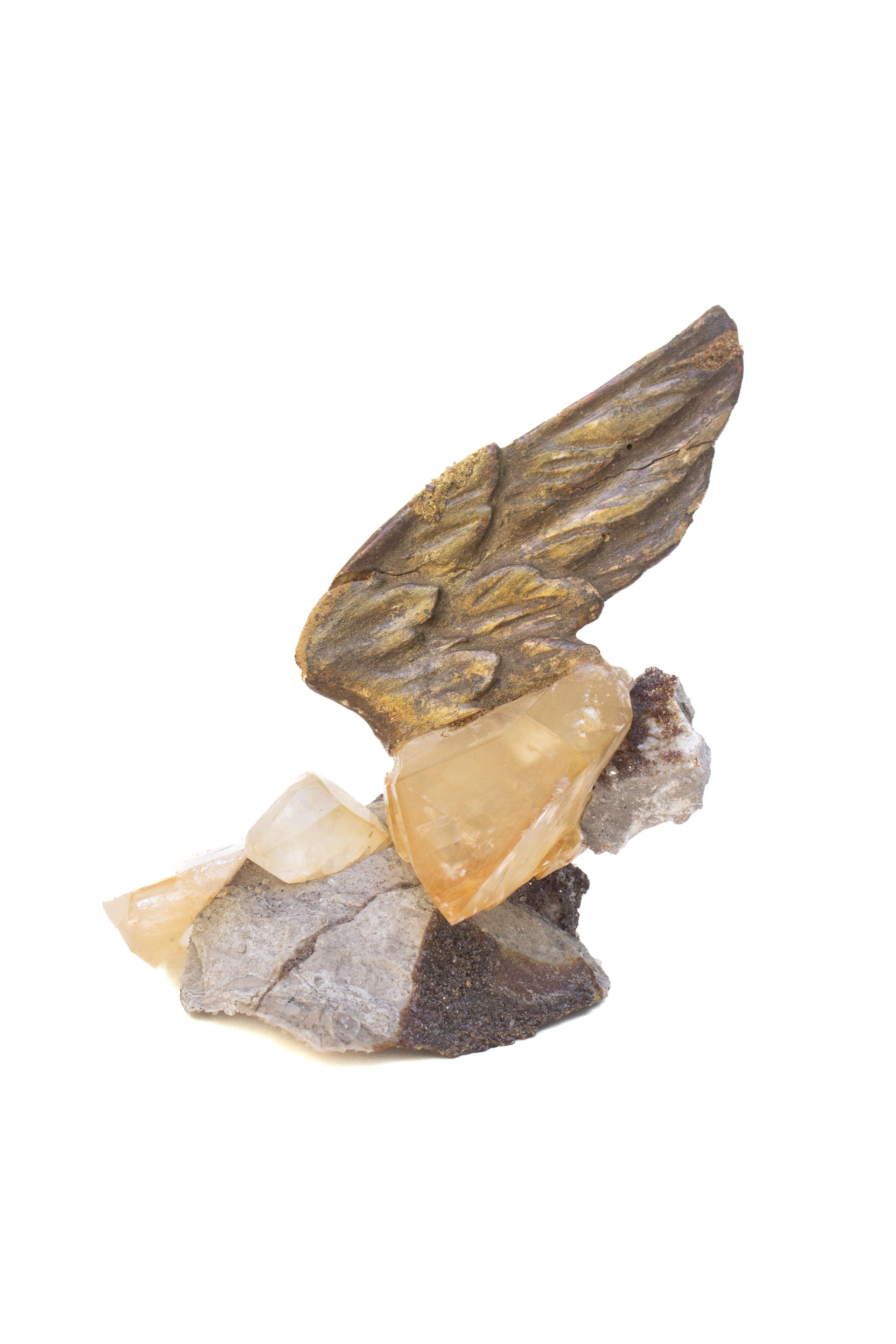 Rock Crystal 18th Century Gilded Italian Angel Wing on Calcite Crystal in Sphalerite