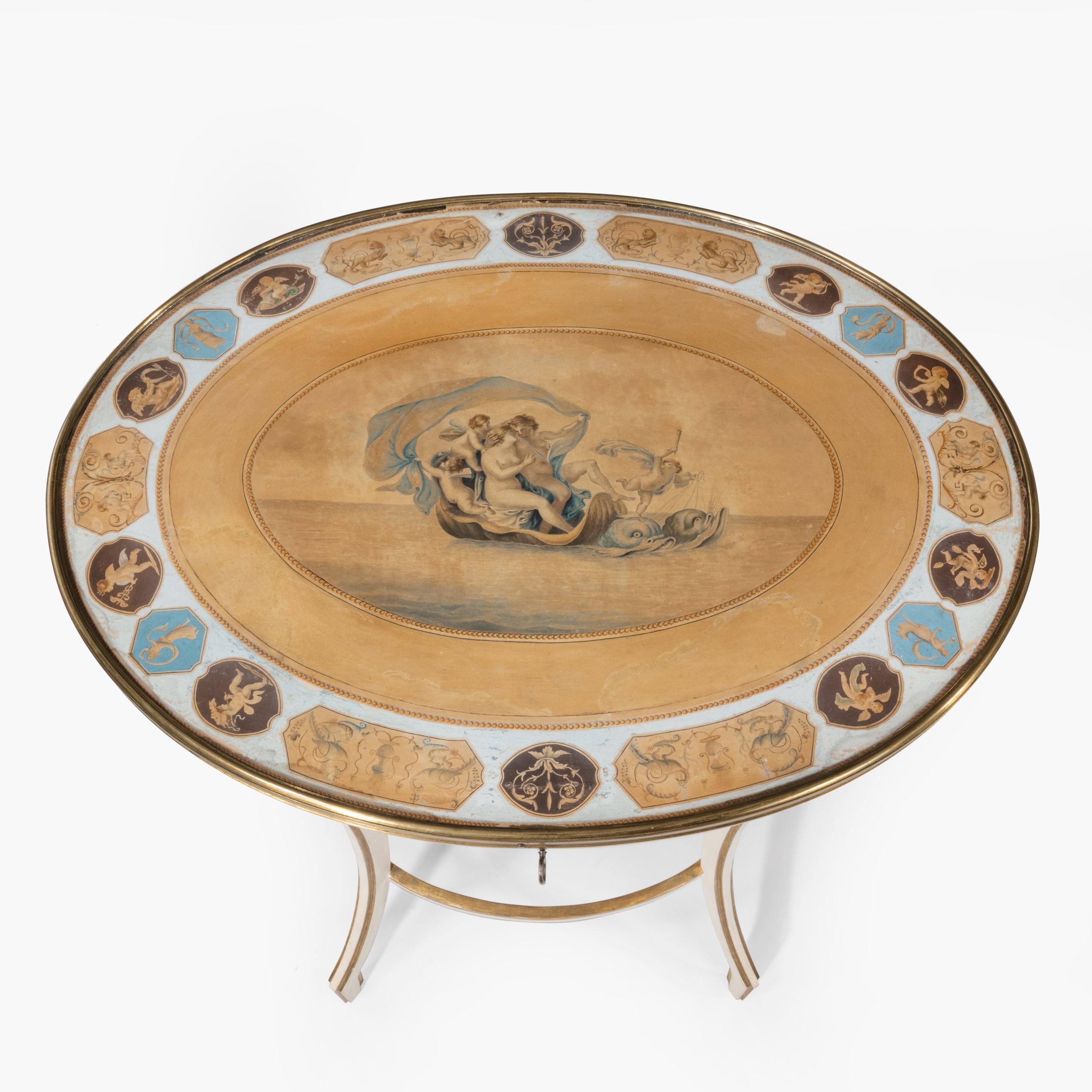 XVIIIe siècle et antérieur Table en gesso blanc et doré du 18ème siècle avec plateau peint représentant Vénus en vente