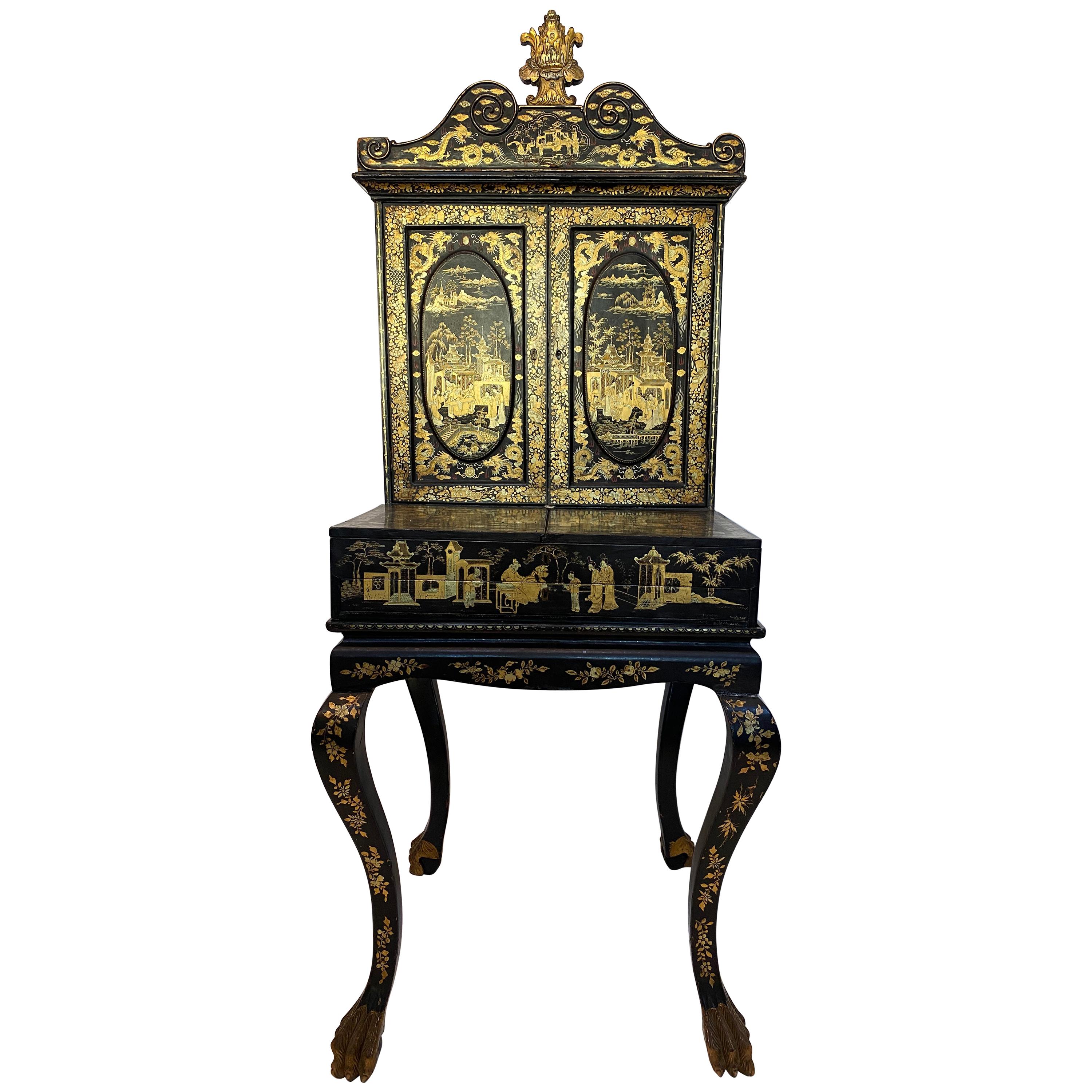 18th Century Gilt Black Lacquer Chinese Ladies Dressing Chest
