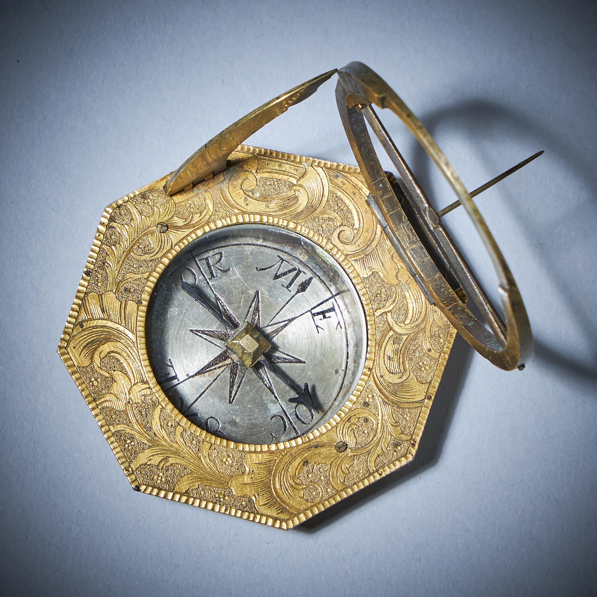 18th Century and Earlier 18th Century Gilt Brass and Silver Pocket or Miniature Sundial Compass with Case