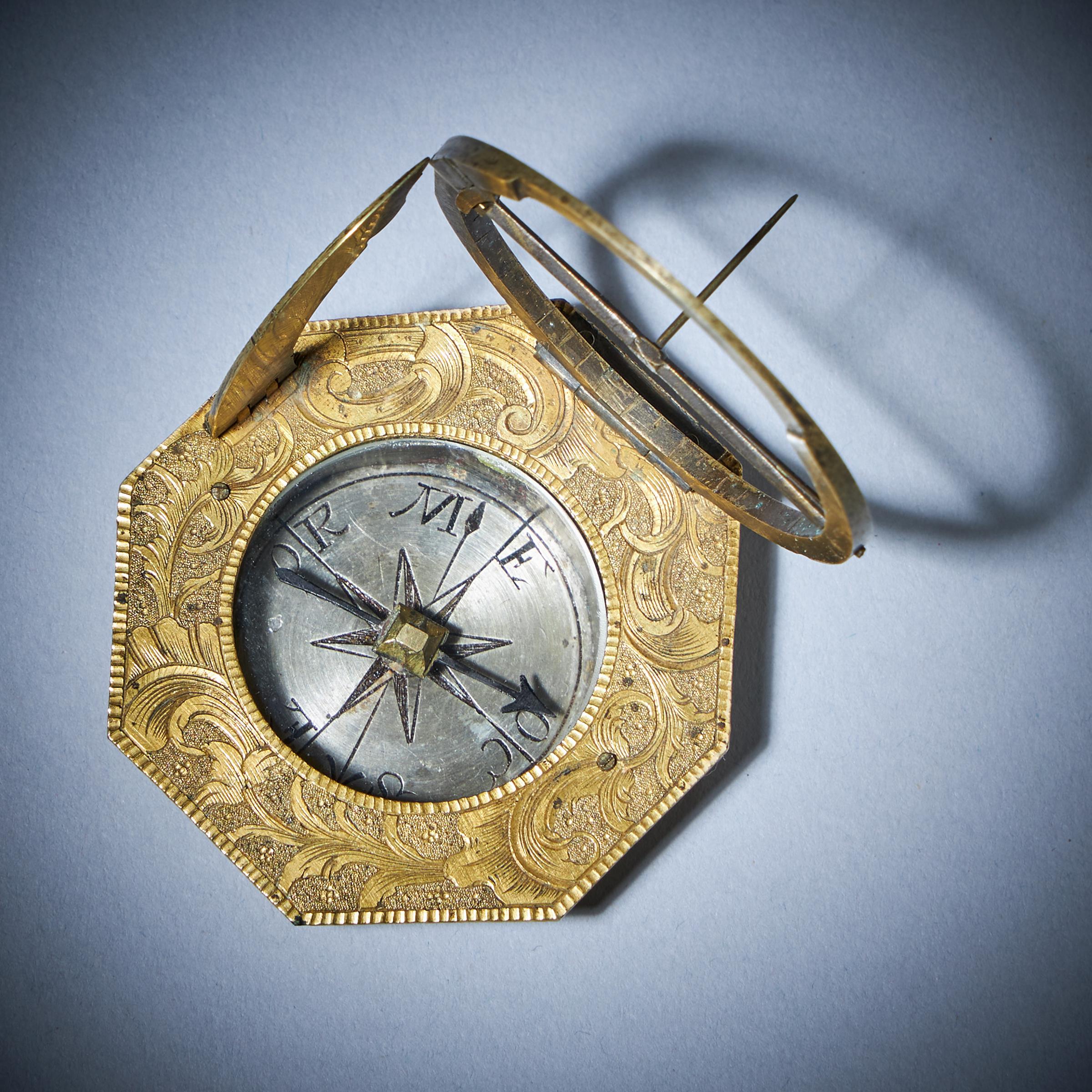 18th Century Gilt Brass and Silver Pocket or Miniature Sundial Compass with Case 1