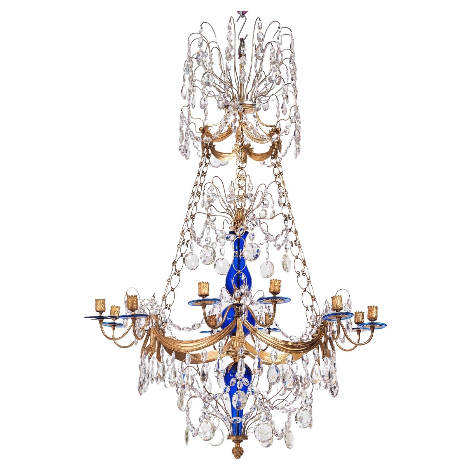 18th Century Gilt Bronze and Blue Glass Russian Chandelier For Sale