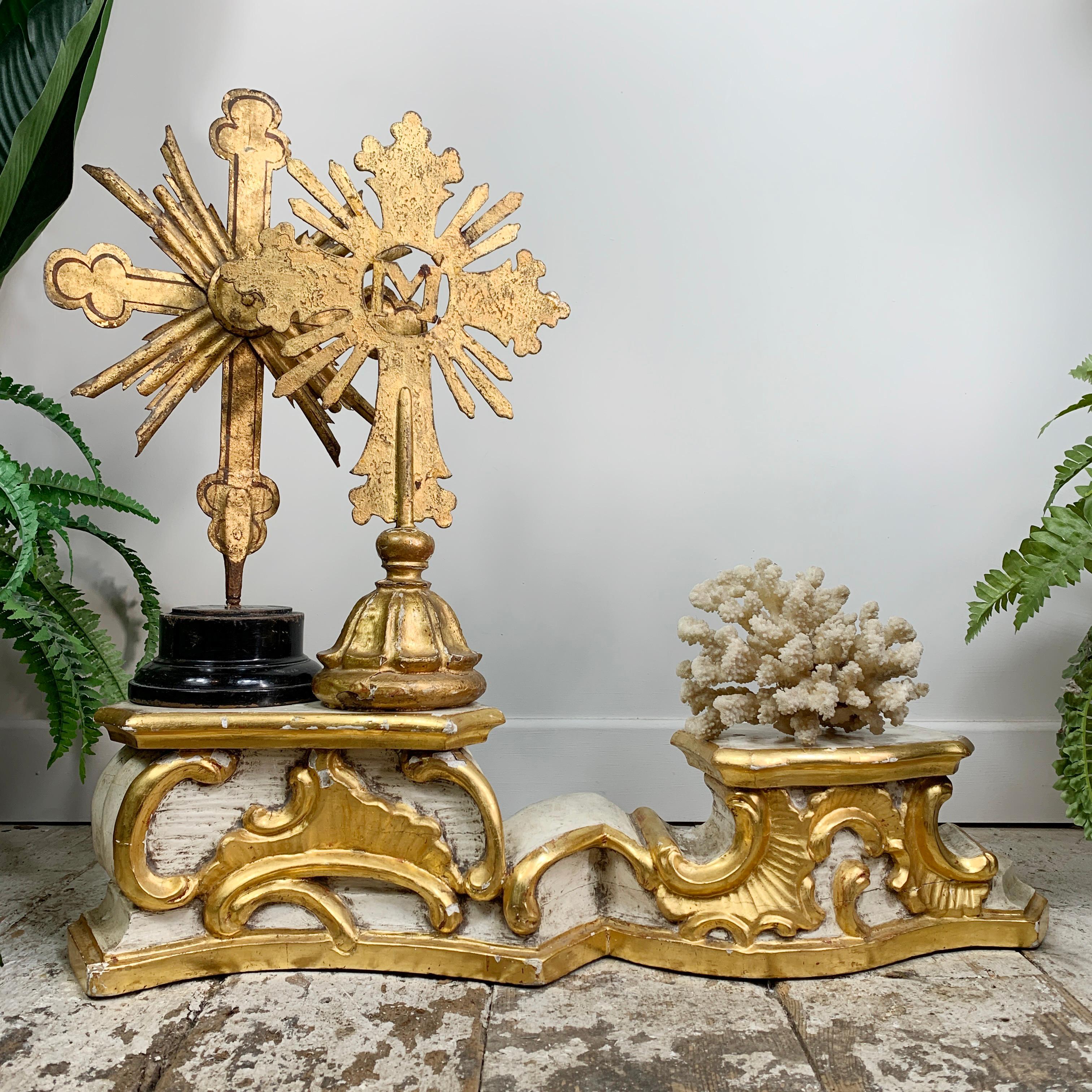 A superb baroque stand, crafted from wood (possibly Oak) with painted design in gilt, dating to the 18th century, German, these would originally have displayed the statues of the saints within the altar at a church or cathedral.

Very usable and