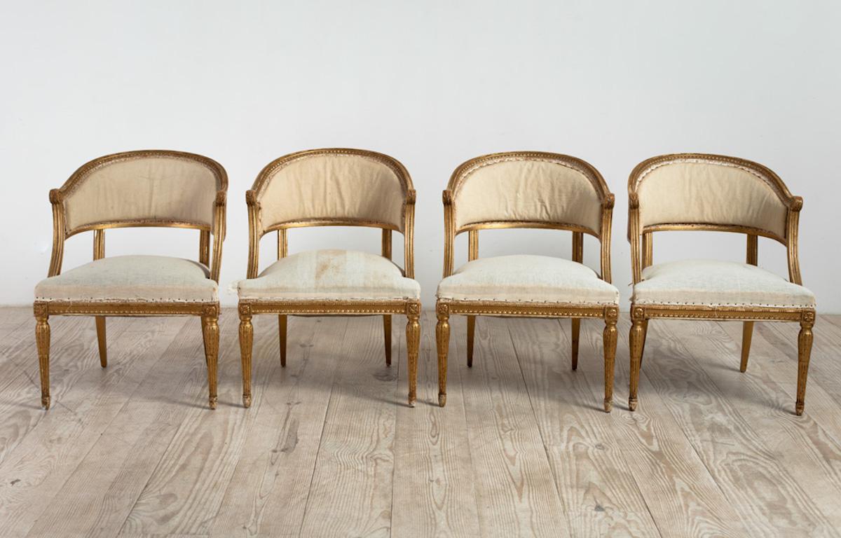 18th Century Giltwood Gustavian Bucket Chairs, Set of 4, Sweden, Circa 1790-1800 5
