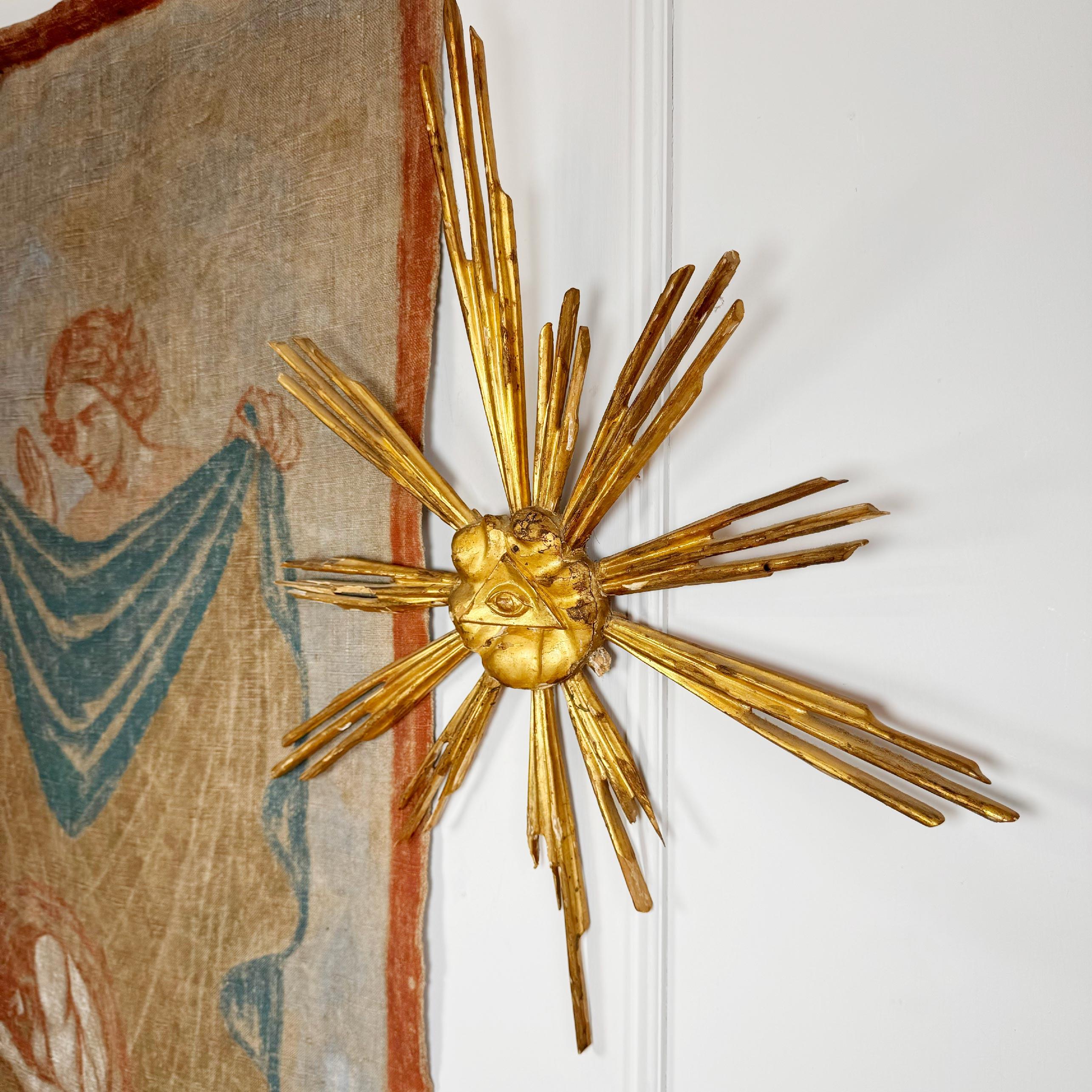 Baroque 18th Century Giltwood All Seeing Eye of God Devotional Gold Sunburst For Sale