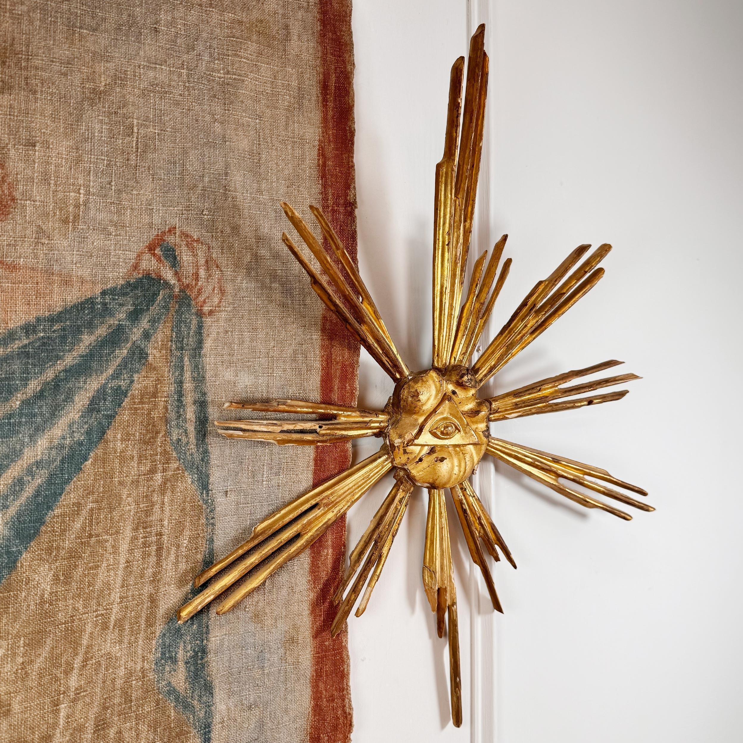 Italian 18th Century Giltwood All Seeing Eye of God Devotional Gold Sunburst For Sale