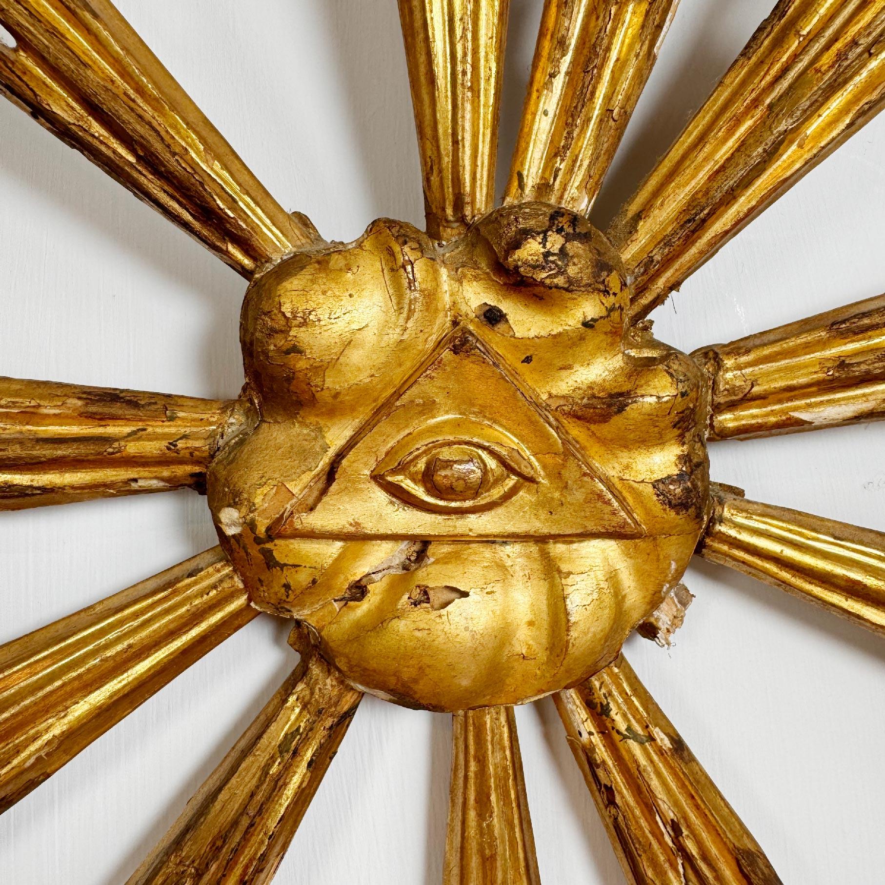 Hand-Carved 18th Century Giltwood All Seeing Eye of God Devotional Gold Sunburst For Sale