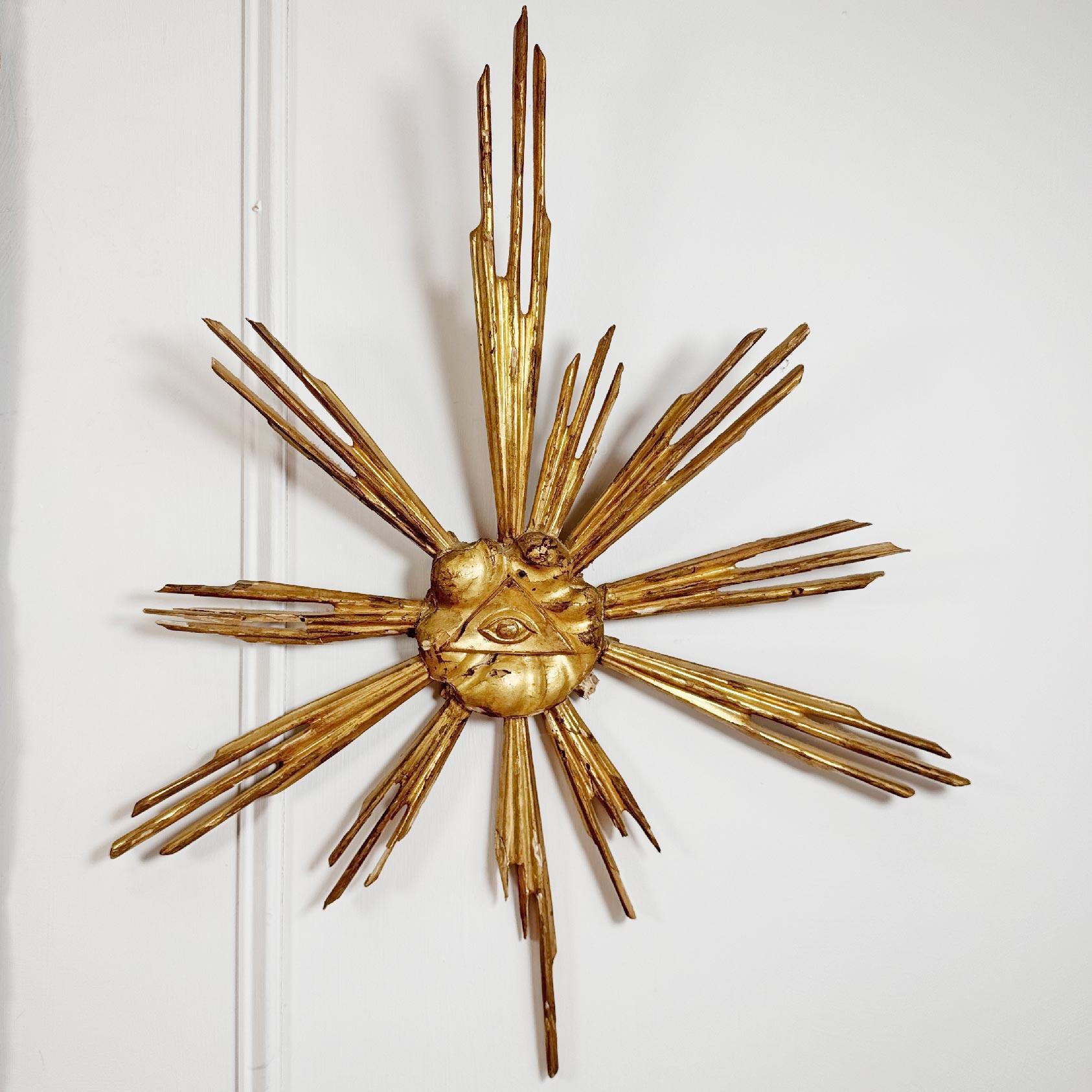 Gesso 18th Century Giltwood All Seeing Eye of God Devotional Gold Sunburst For Sale