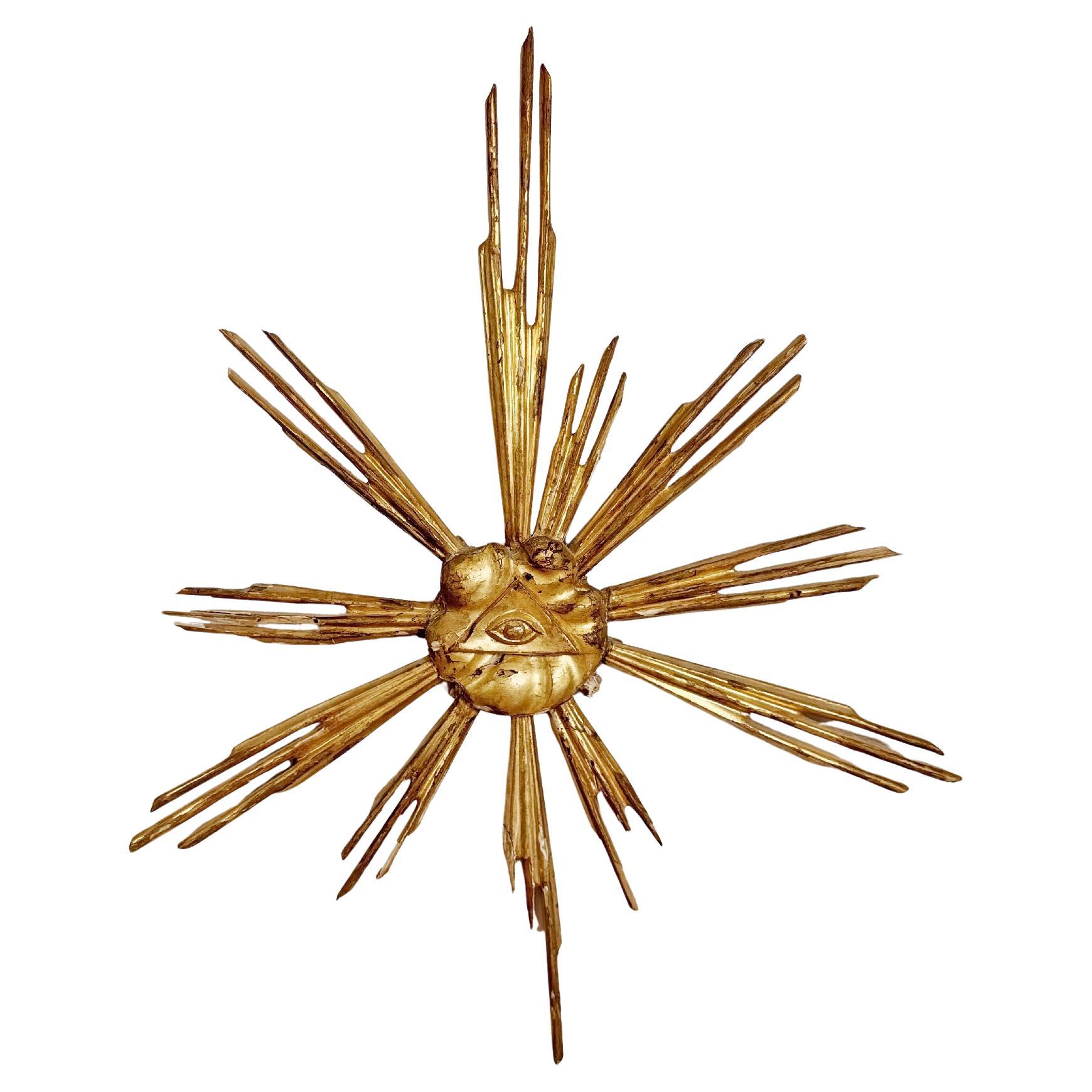 Sunburst du 18ème siècle, œil de Dieu en toute vue, en bois doré