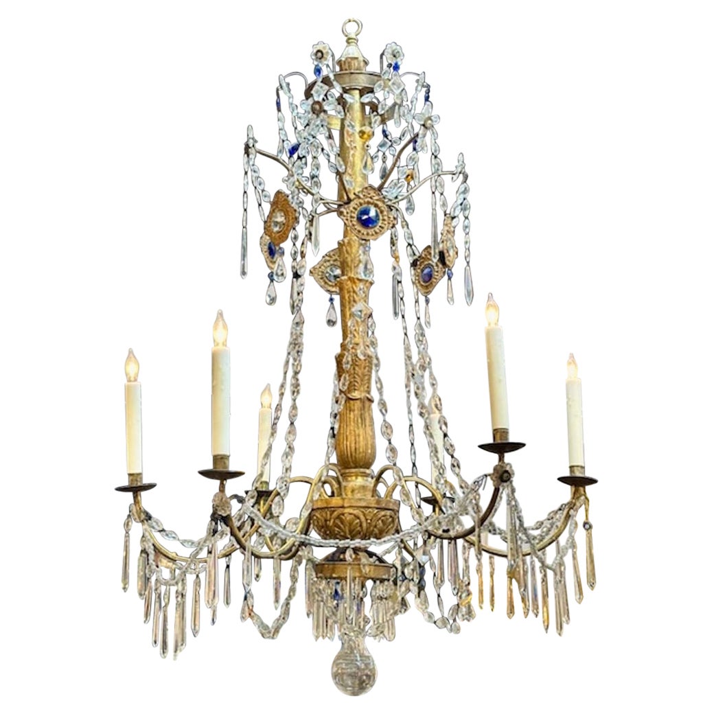Lampadario in legno dorato e cristallo di Genova del XVIII secolo