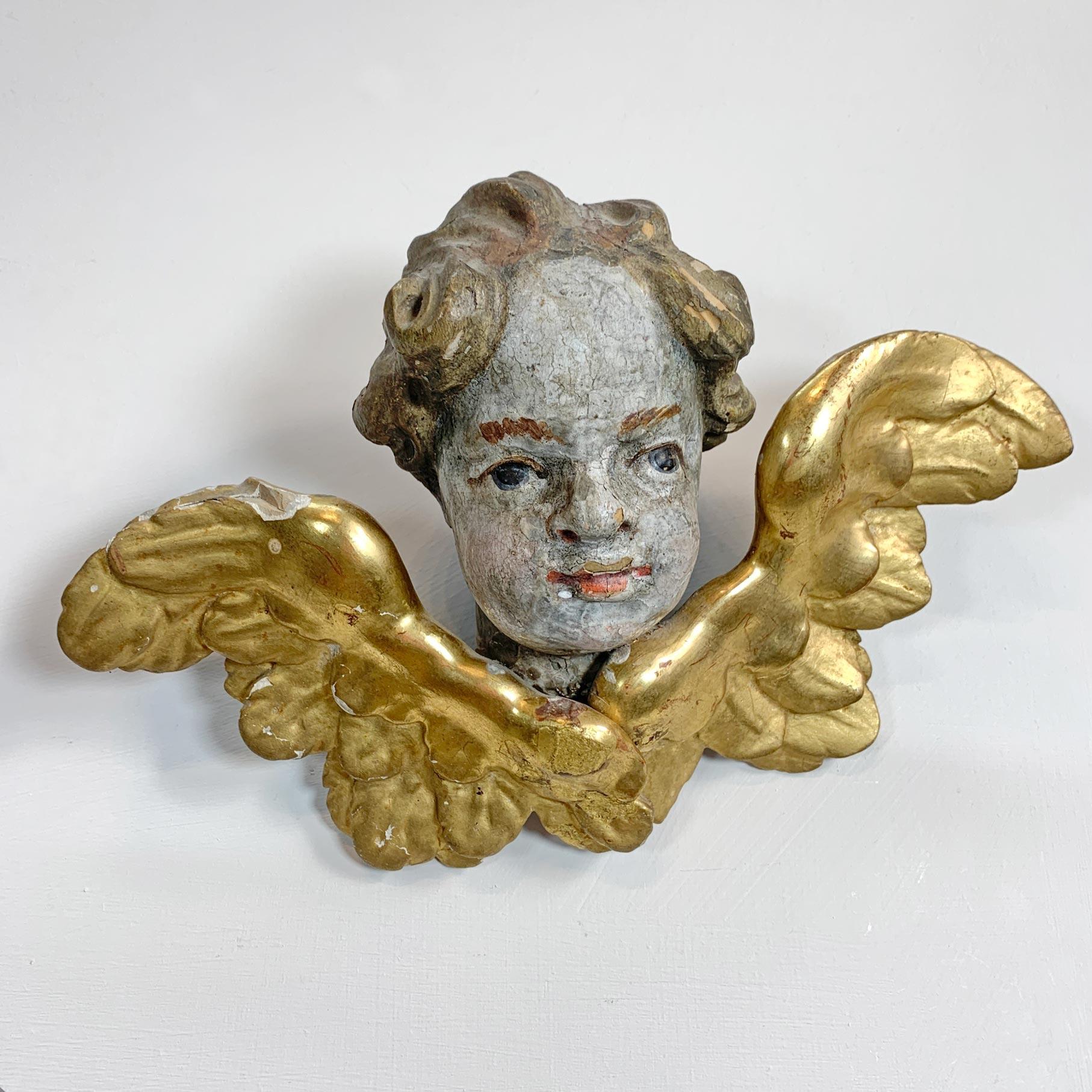 Hand-Carved  18th Century Giltwood and Polychrome Painted Putti / Cherub For Sale