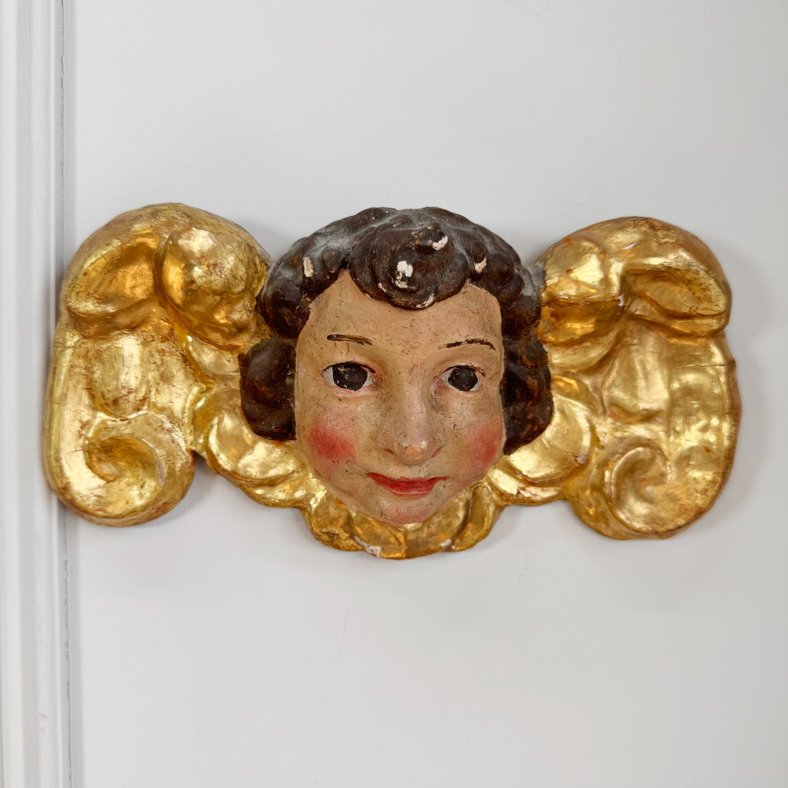 Hand-Carved 18th Century Giltwood and Polychrome Painted Putti / Cherub For Sale