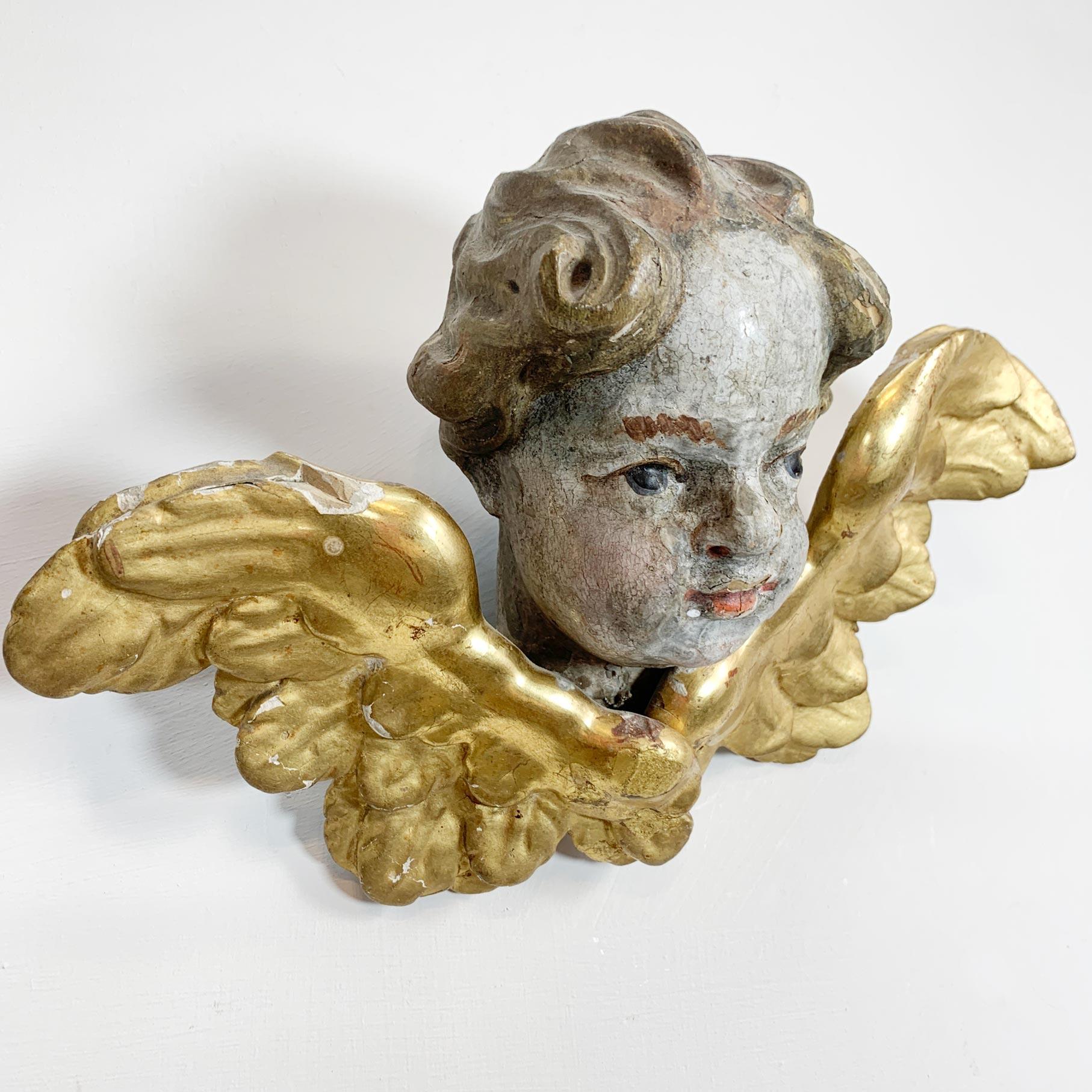 Gesso  18th Century Giltwood and Polychrome Painted Putti / Cherub For Sale
