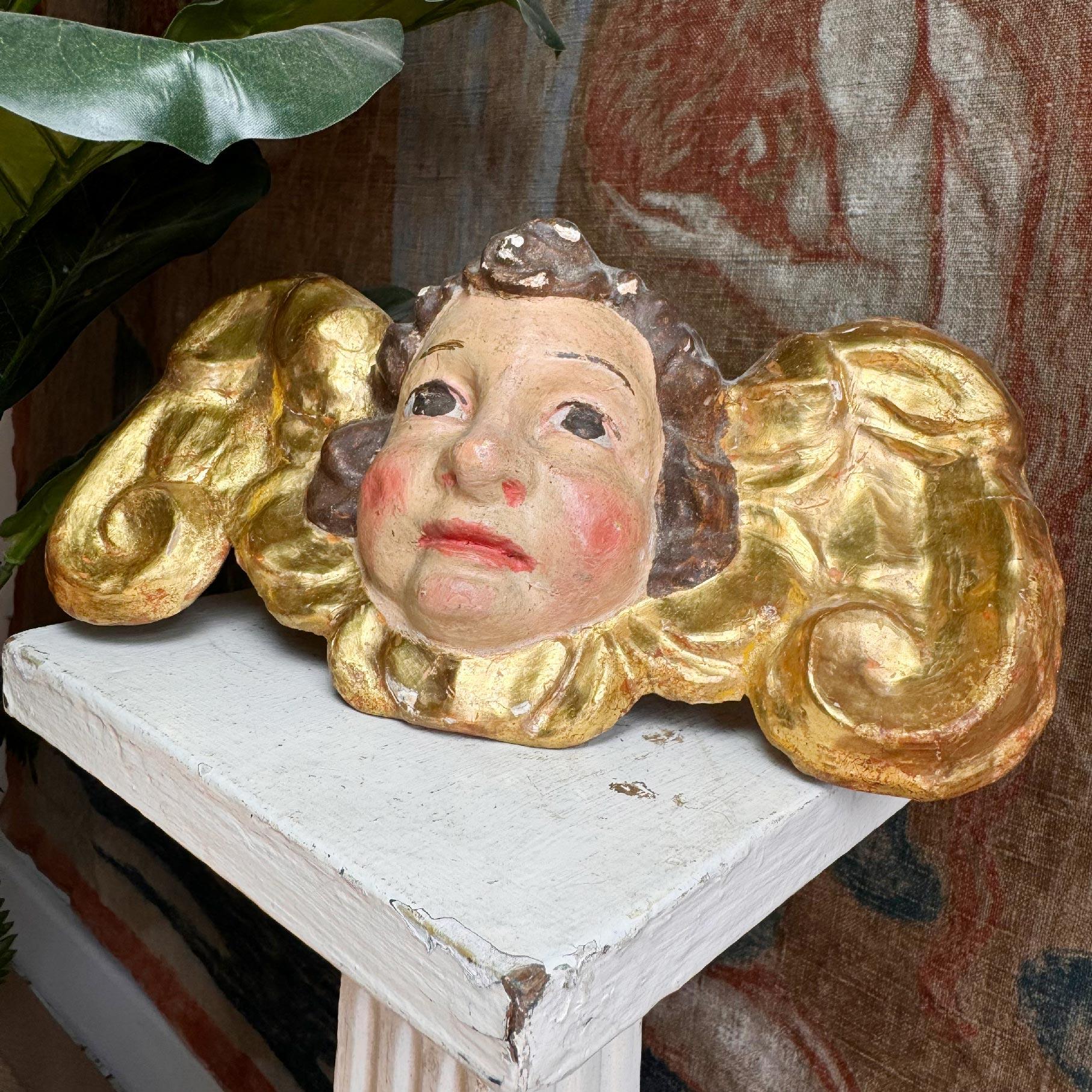 Gesso 18th Century Giltwood and Polychrome Painted Putti / Cherub For Sale