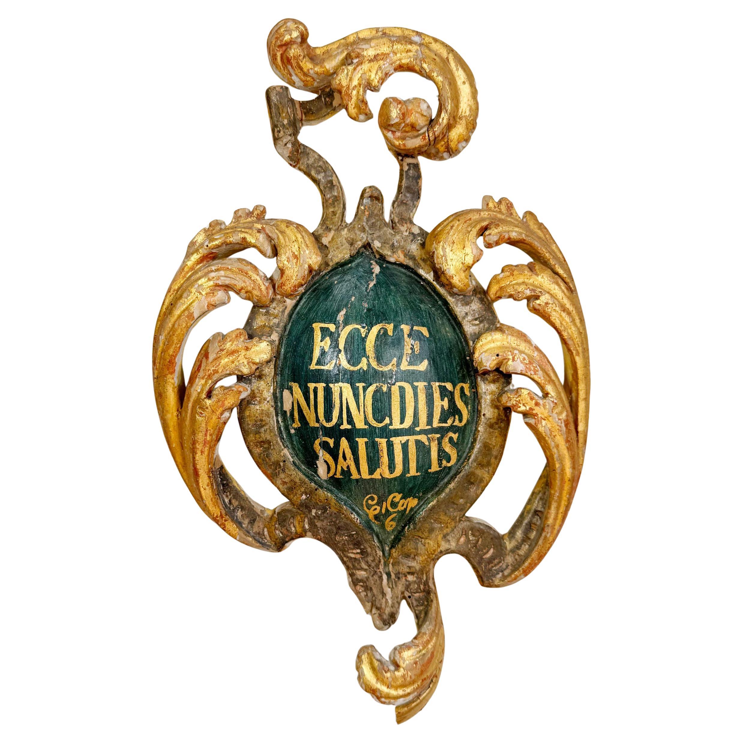 18th Century Giltwood and Polychrome Painted Shield ECCE NUNCDIES SALUTIS