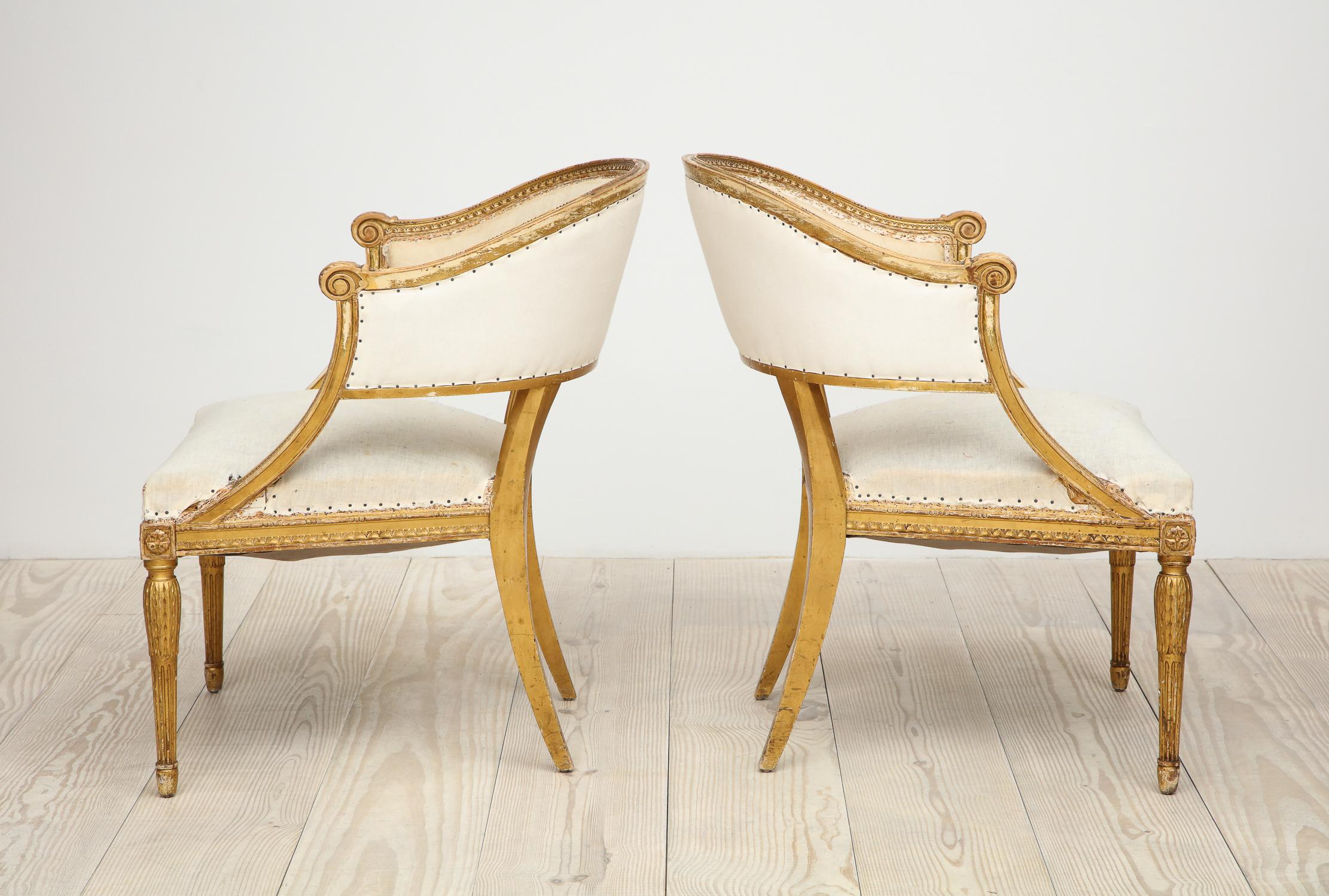 18th Century and Earlier 18th Century Giltwood Gustavian Bucket Chairs, Set of 4, Sweden, Circa 1790-1800 For Sale