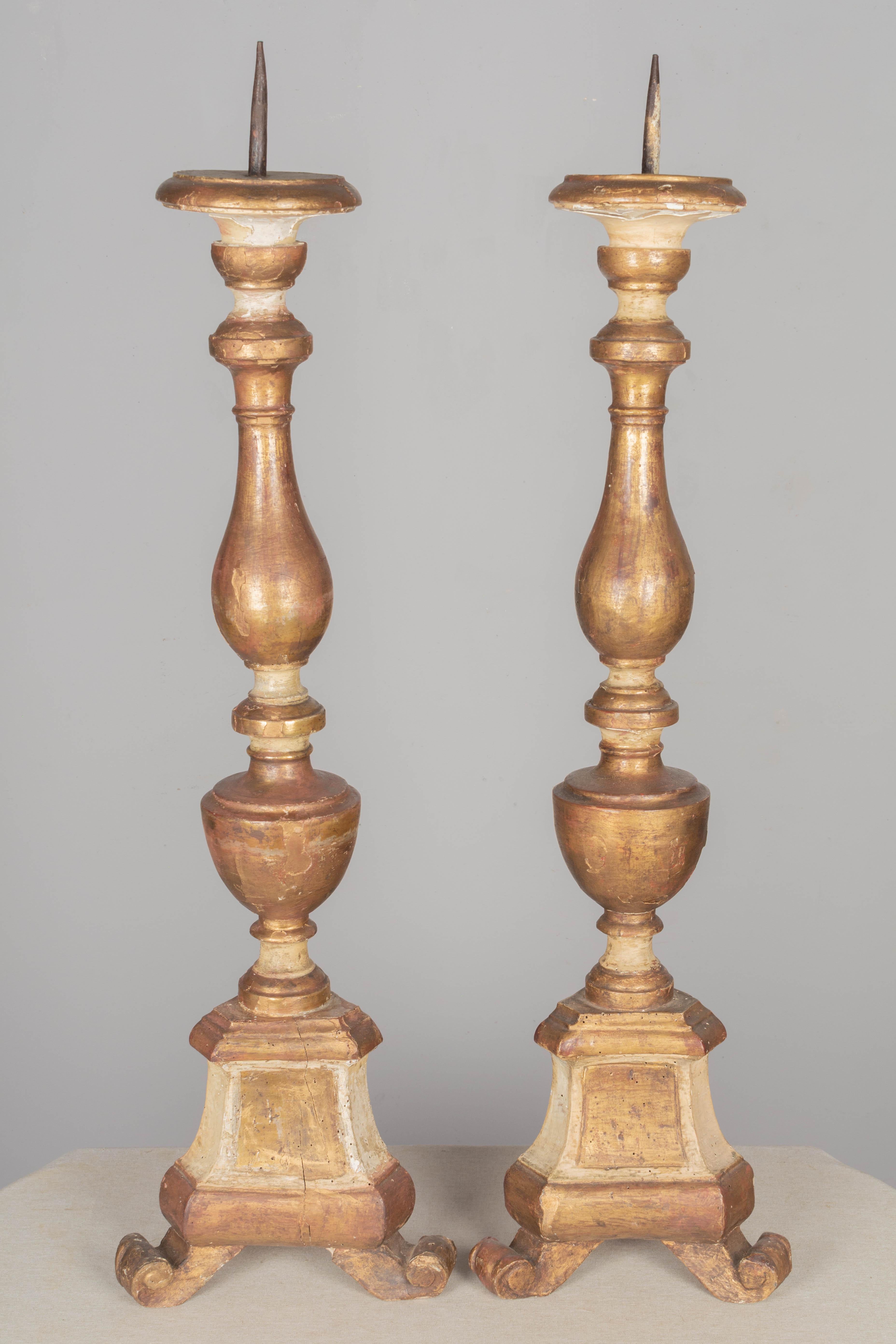 Baroque 18th Century Giltwood Italian Candlesticks Pair For Sale