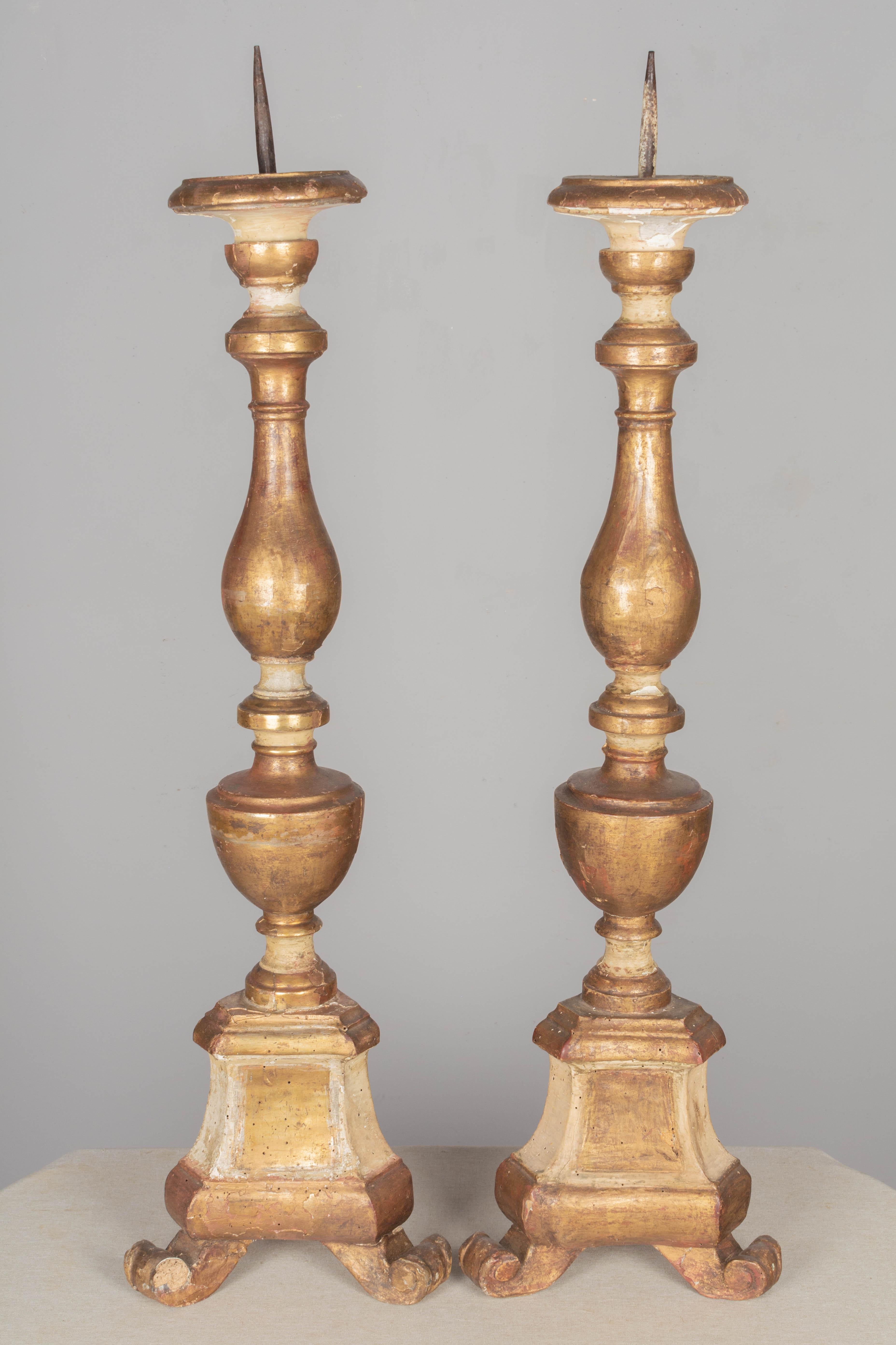 French 18th Century Giltwood Italian Candlesticks Pair For Sale