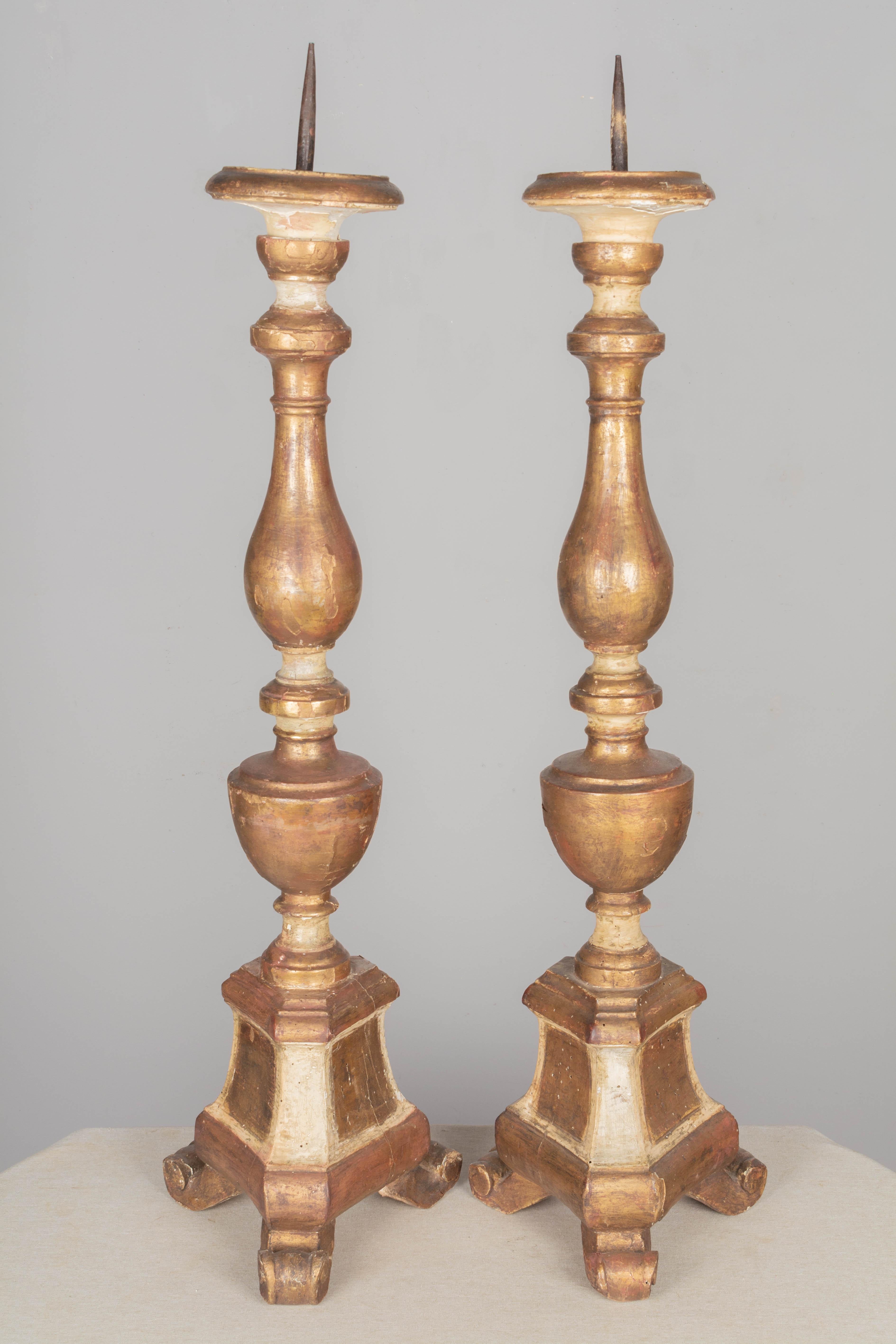 18th Century Giltwood Italian Candlesticks Pair In Fair Condition For Sale In Winter Park, FL