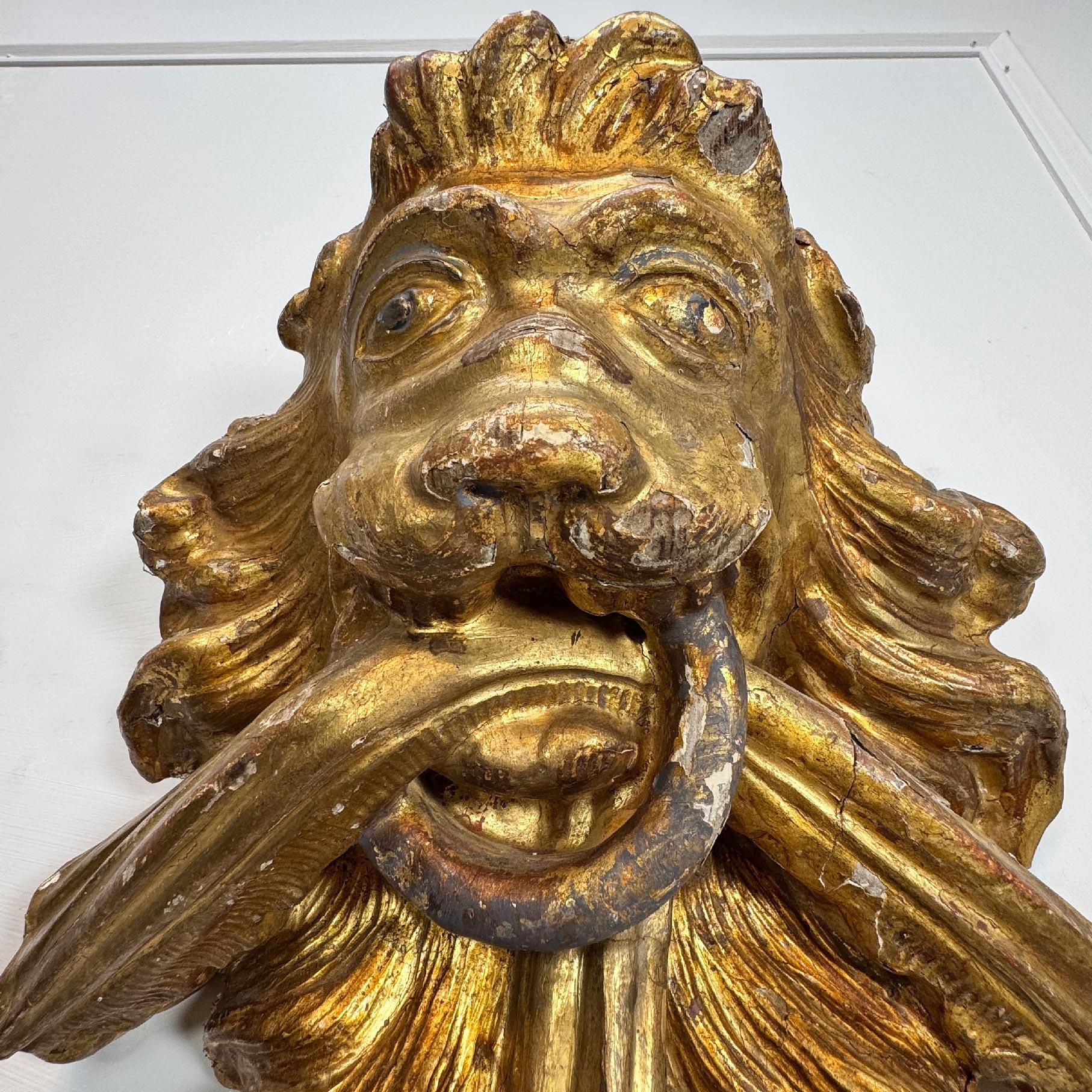 Intagliato a mano Elemento decorativo in legno dorato del XVIII secolo con testa di leone
