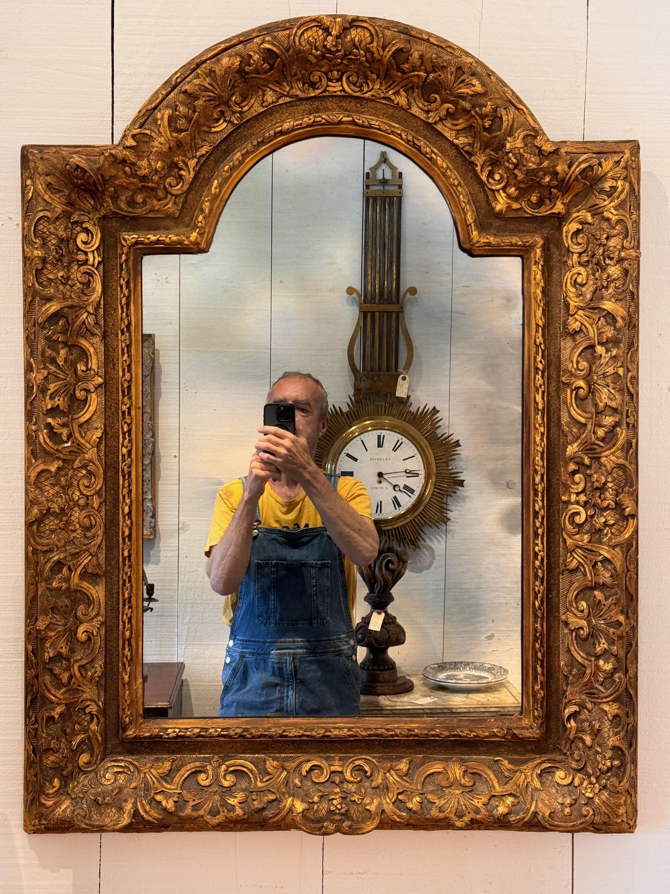 Ce miroir au sommet arqué présente un design audacieux. Très beaux détails dans le cadre.