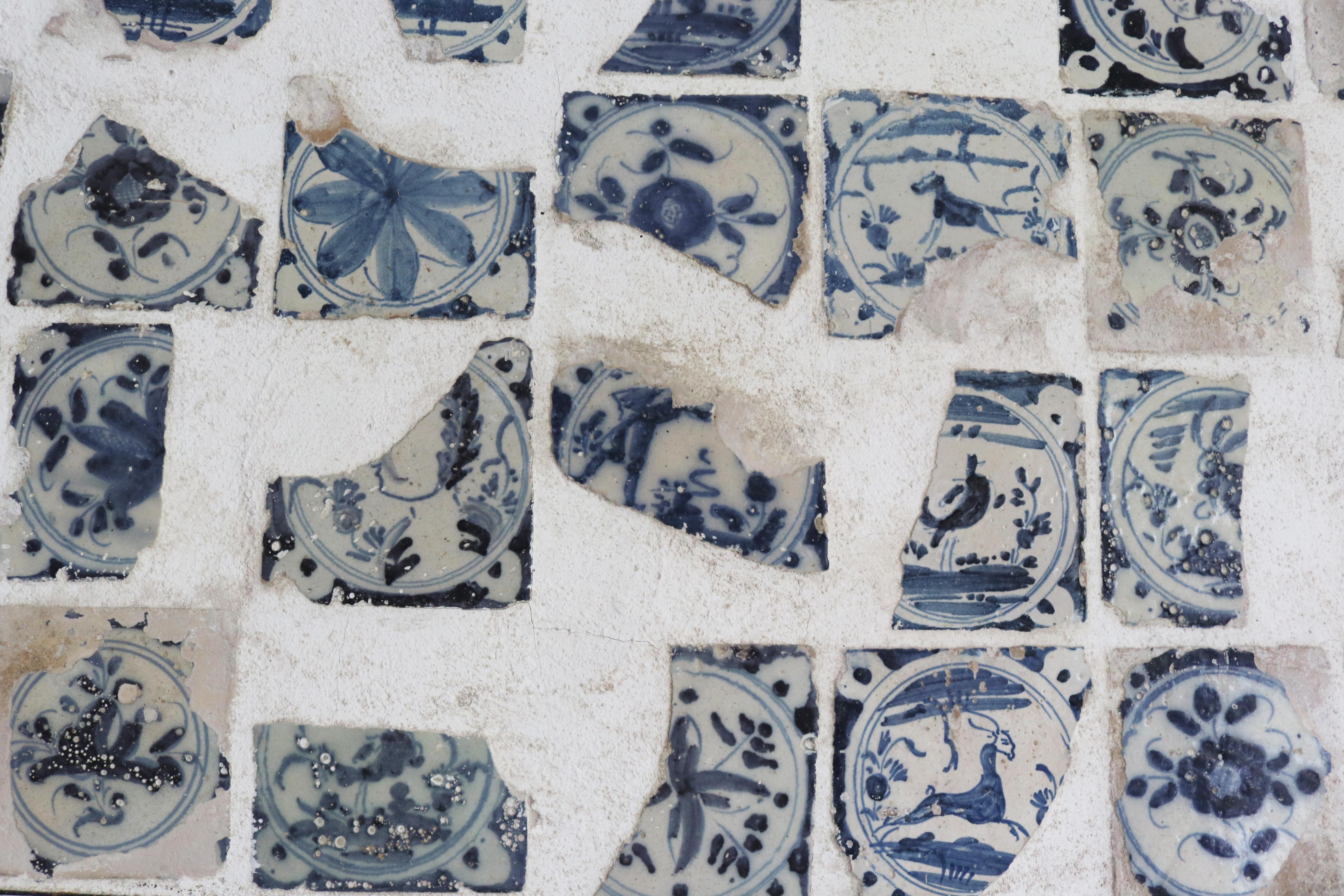 18th Century Glazed Ceramic Fragments Arranged on an Iron Framed Panel For Sale 6