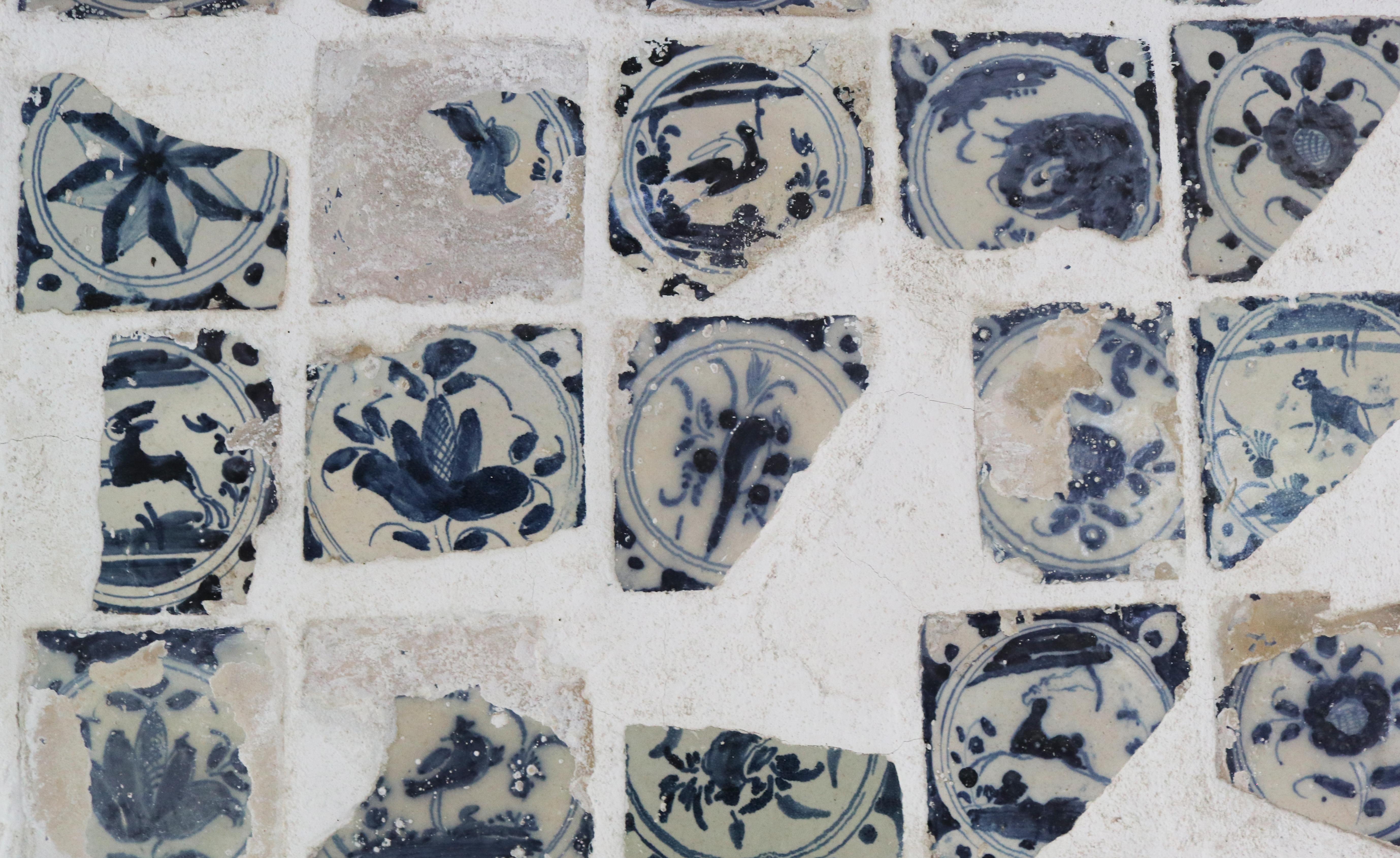 18th Century Glazed Ceramic Fragments Arranged on an Iron Framed Panel In Fair Condition For Sale In Marbella, ES